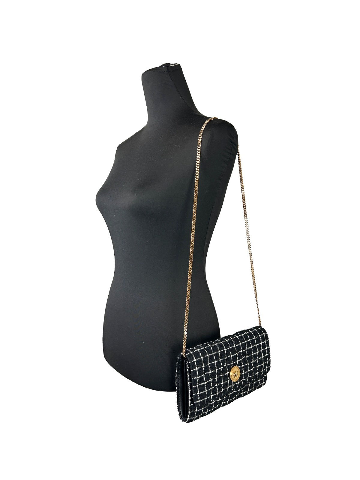Versace Geldbörse mit Kette aus Stoff, Schwarz, Umhängetasche-4