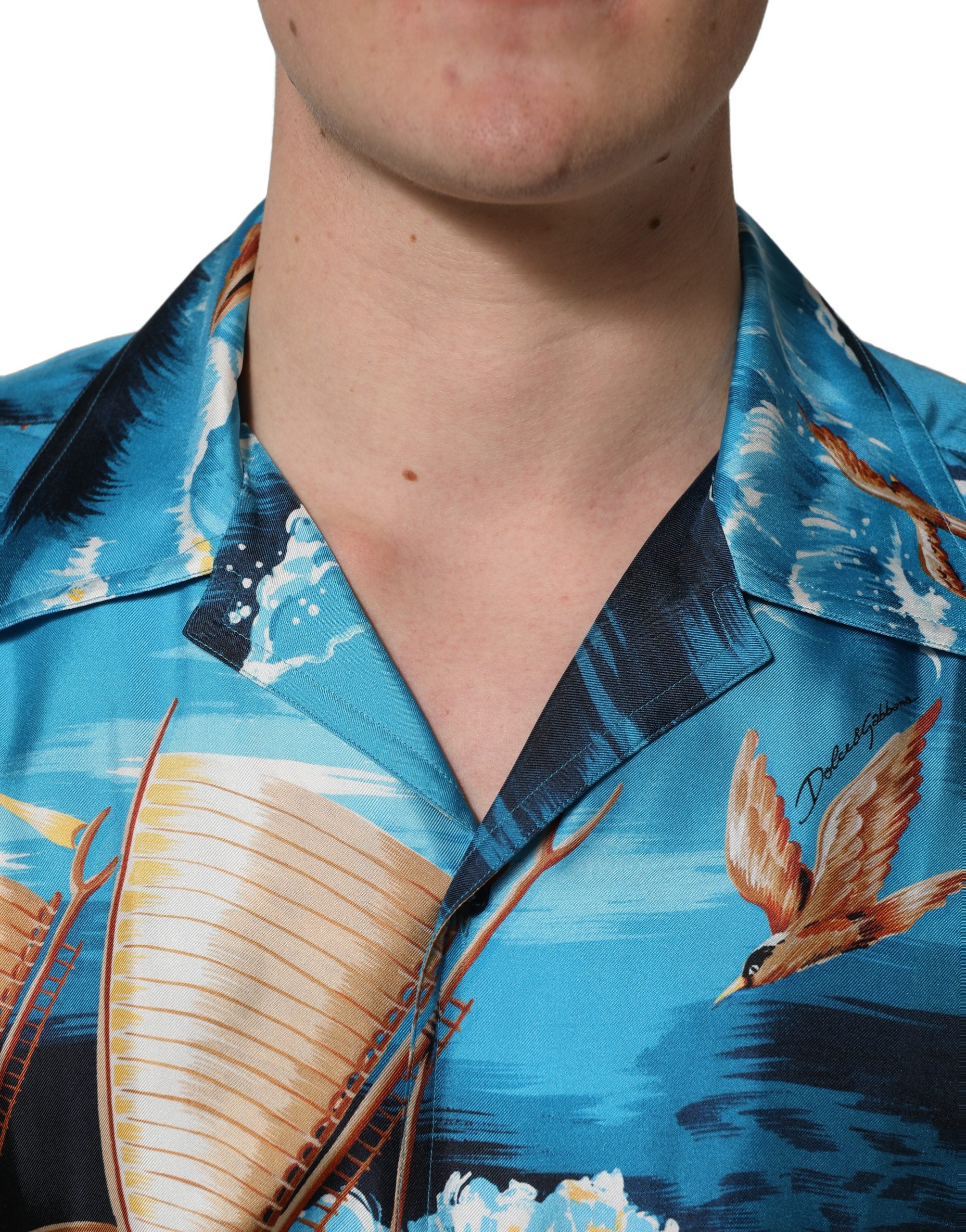 Dolce & Gabbana Blaues Seiden-Twill-Hemd mit Hawaiian-Print-1