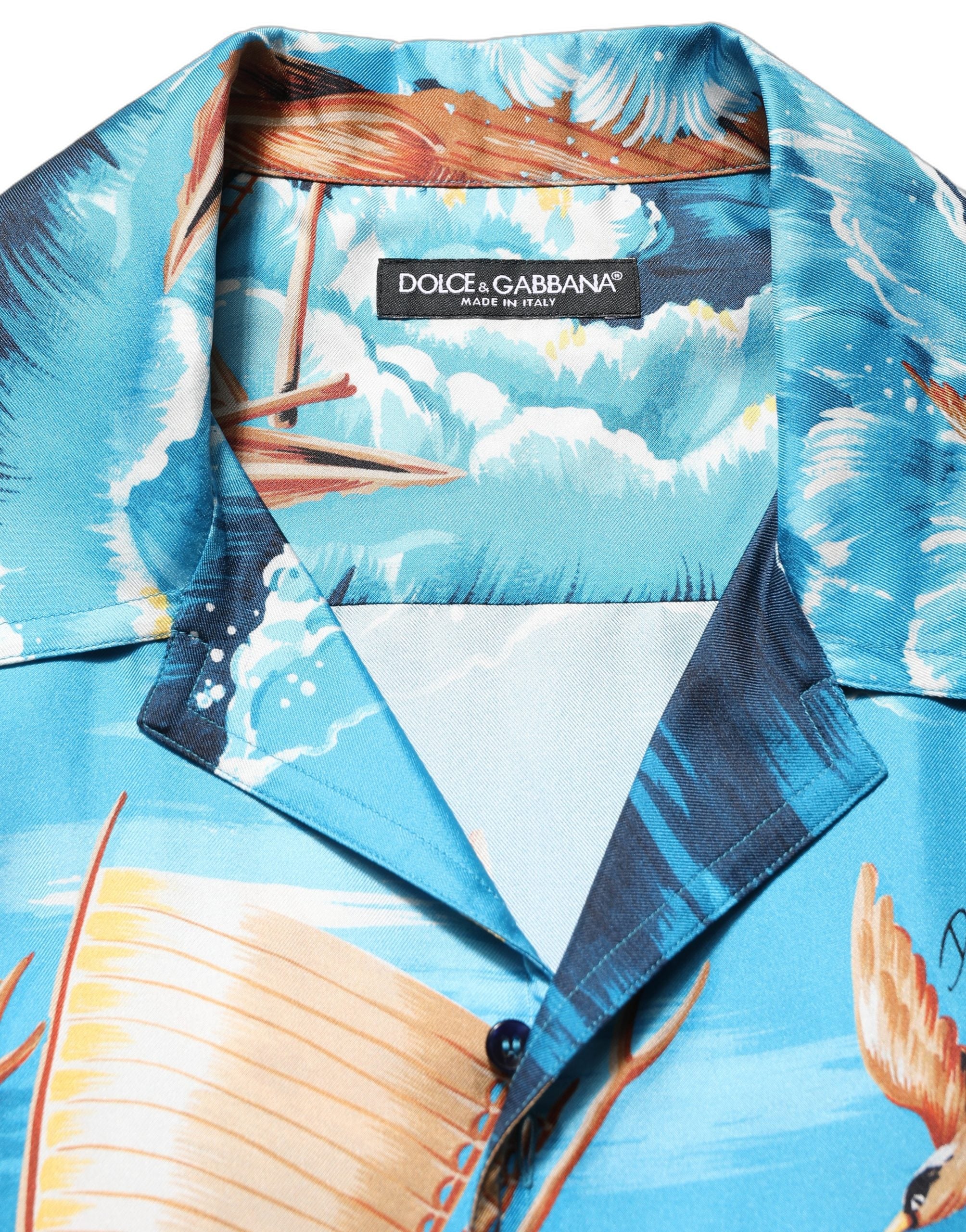 Dolce & Gabbana Blaues Seiden-Twill-Hemd mit Hawaiian-Print-2