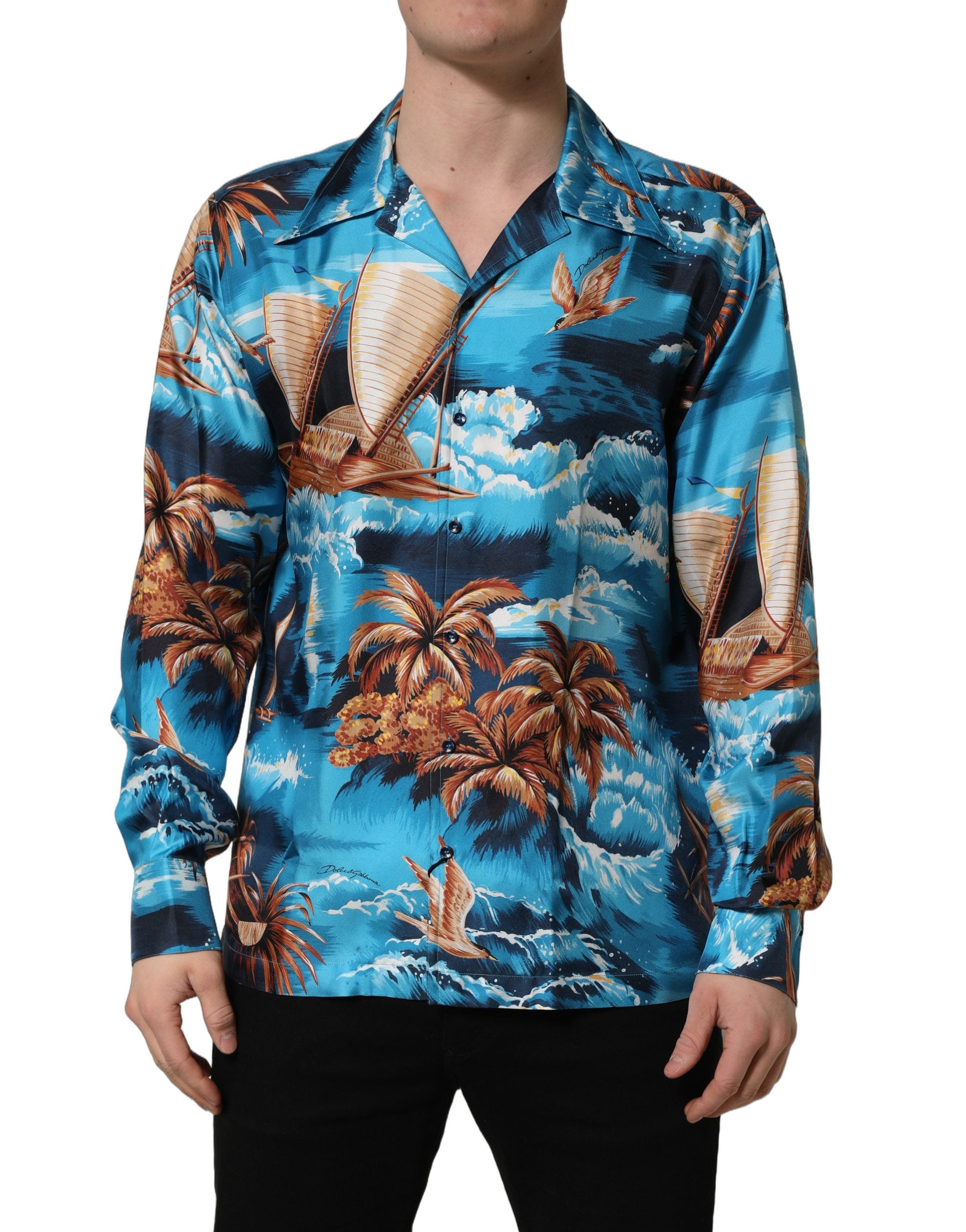 Dolce & Gabbana Blaues Seiden-Twill-Hemd mit Hawaiian-Print-5