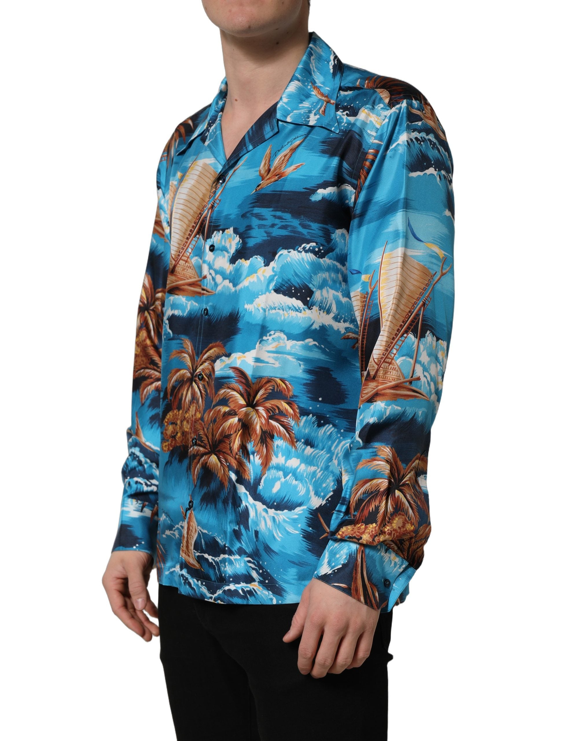 Dolce & Gabbana Blaues Seiden-Twill-Hemd mit Hawaiian-Print-6