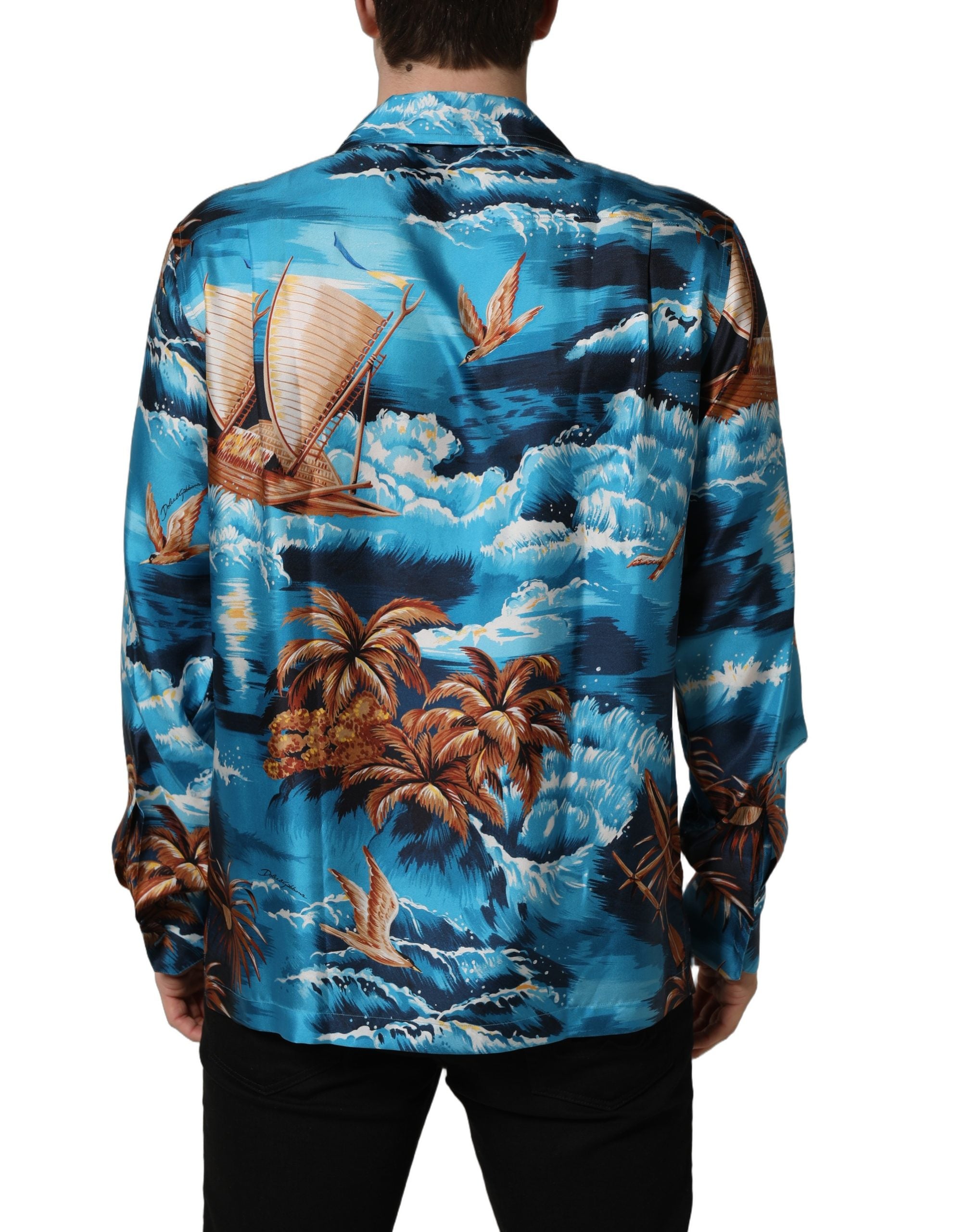 Dolce & Gabbana Blaues Seiden-Twill-Hemd mit Hawaiian-Print-7