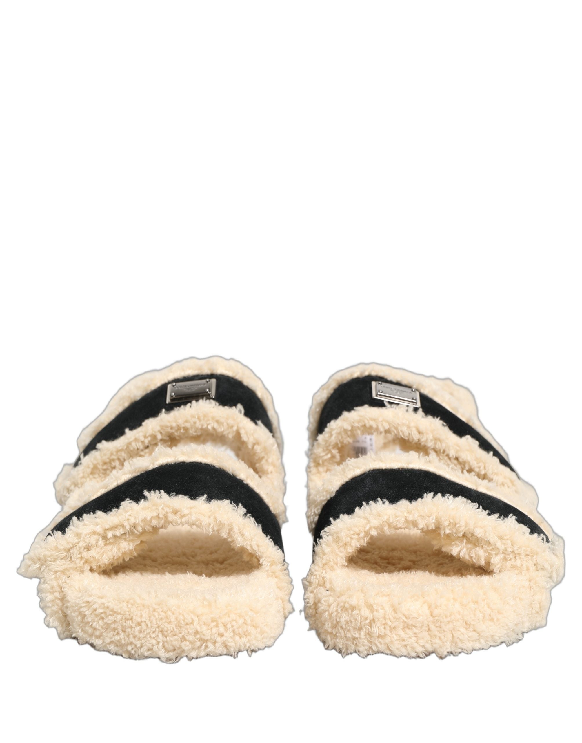 Dolce & Gabbana Beige Schwarze Faux Fur Pantoletten Herren Sandalen Schuhe-2