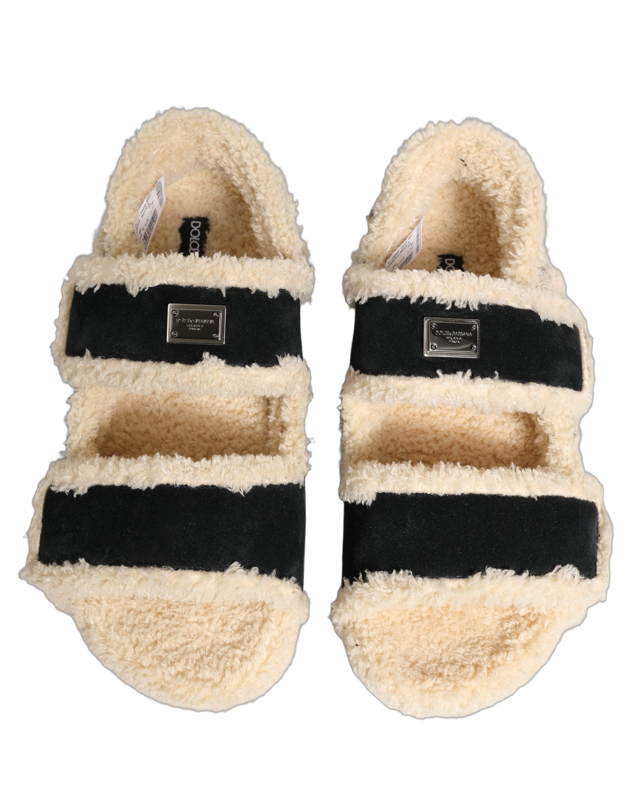 Dolce & Gabbana Beige Schwarze Faux Fur Pantoletten Herren Sandalen Schuhe-3