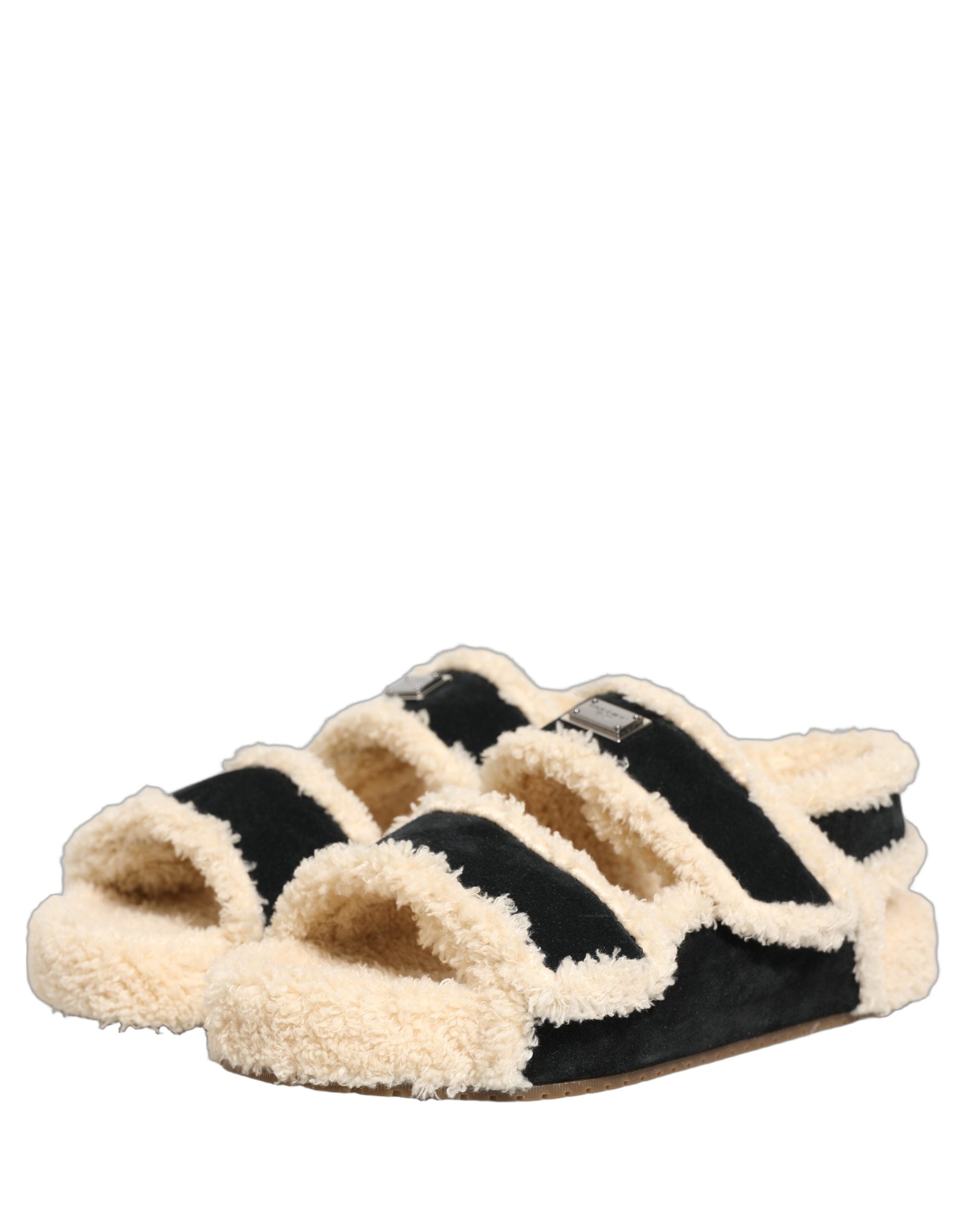 Dolce & Gabbana Beige Schwarze Faux Fur Pantoletten Herren Sandalen Schuhe-4