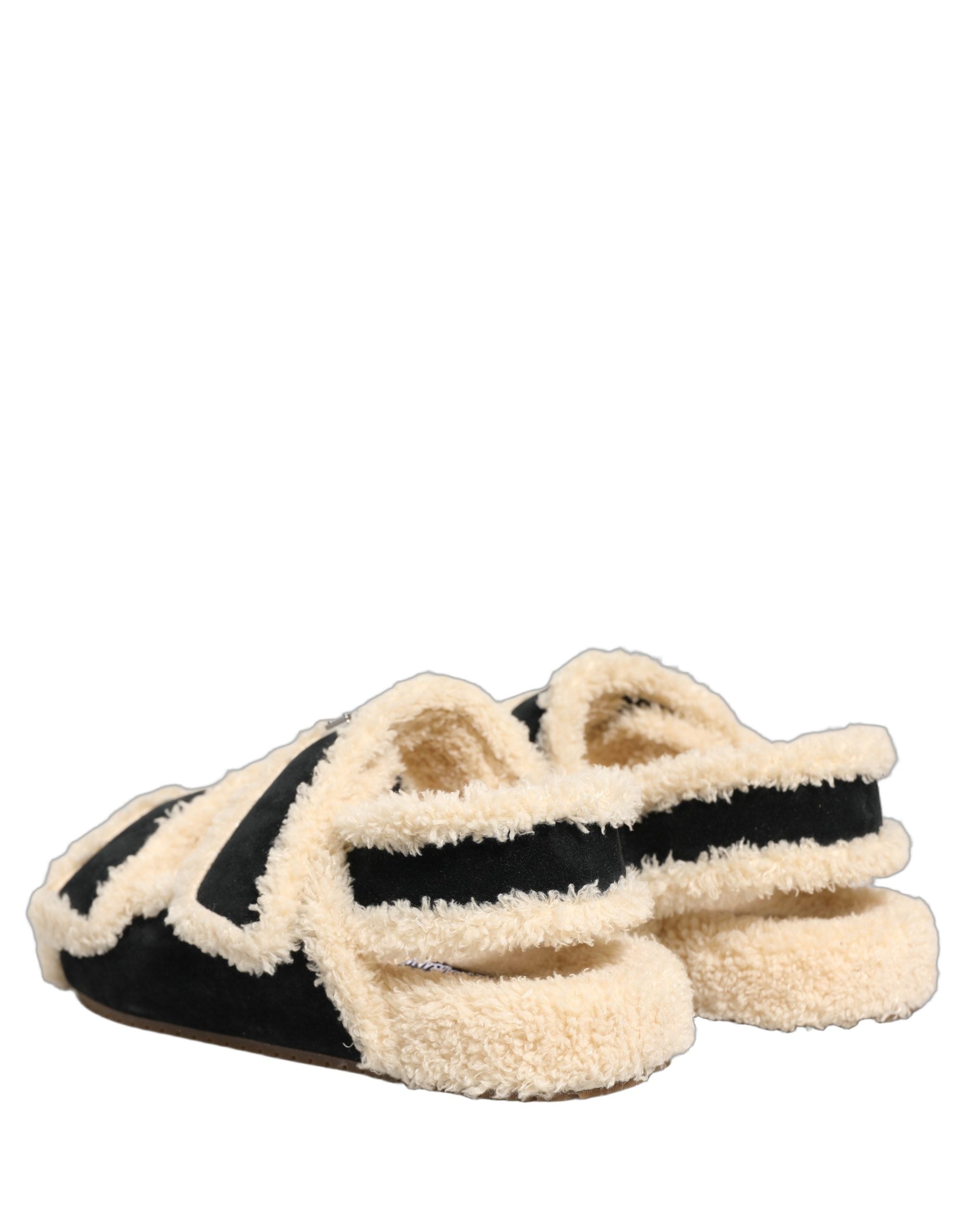 Dolce & Gabbana Beige Schwarze Faux Fur Pantoletten Herren Sandalen Schuhe-5