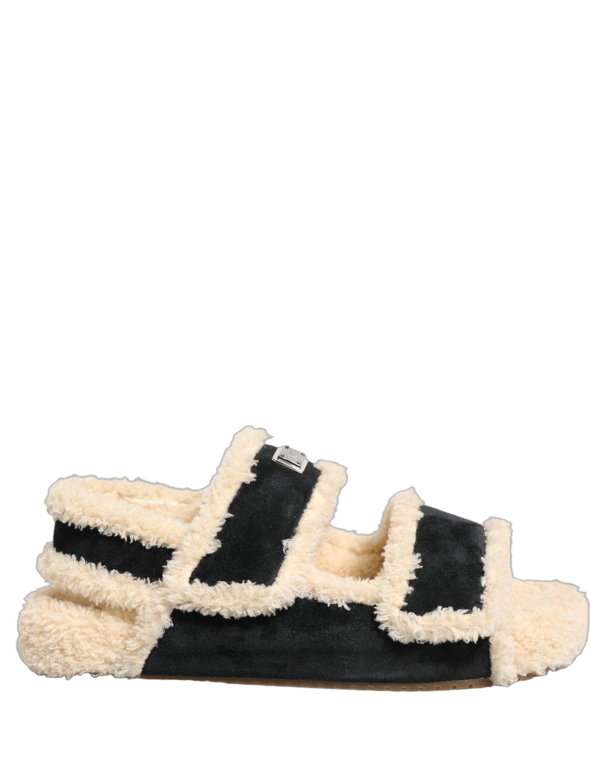 Dolce & Gabbana Beige Schwarze Faux Fur Pantoletten Herren Sandalen Schuhe-8
