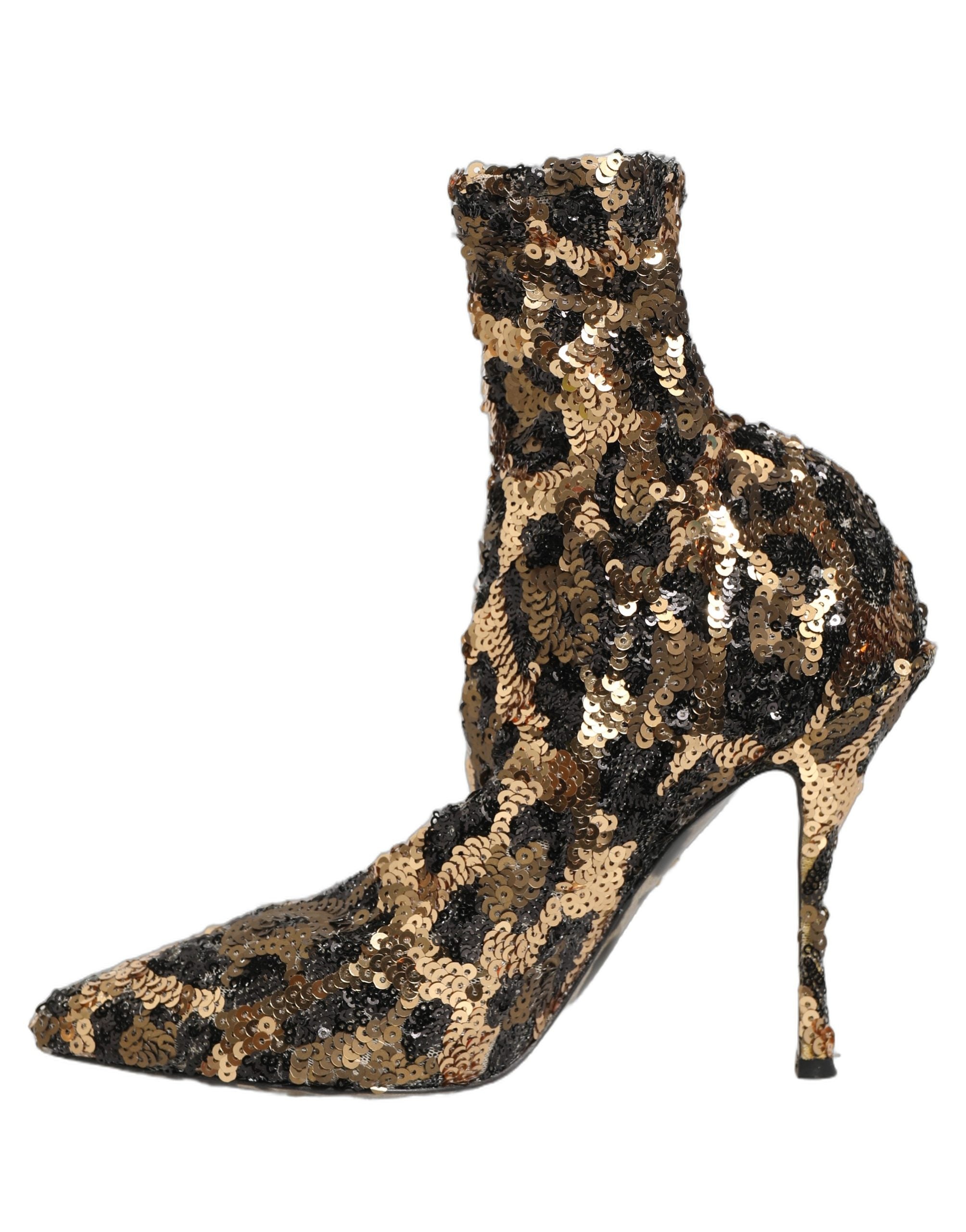 Dolce & Gabbana Gold Leopard Sequin Sock Ankle Boots Shoes-3