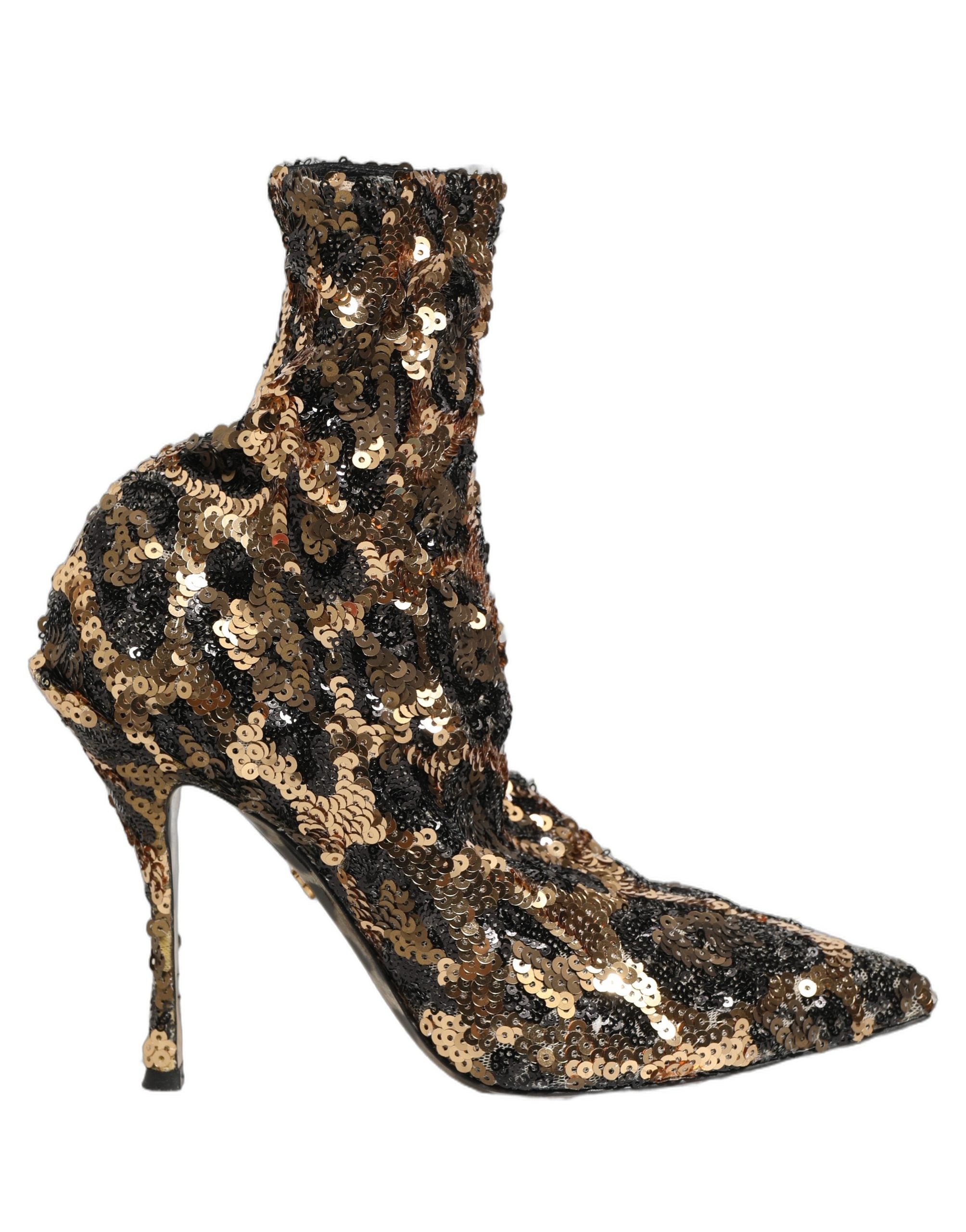 Dolce & Gabbana Gold Leopard Sequin Sock Ankle Boots Shoes-5