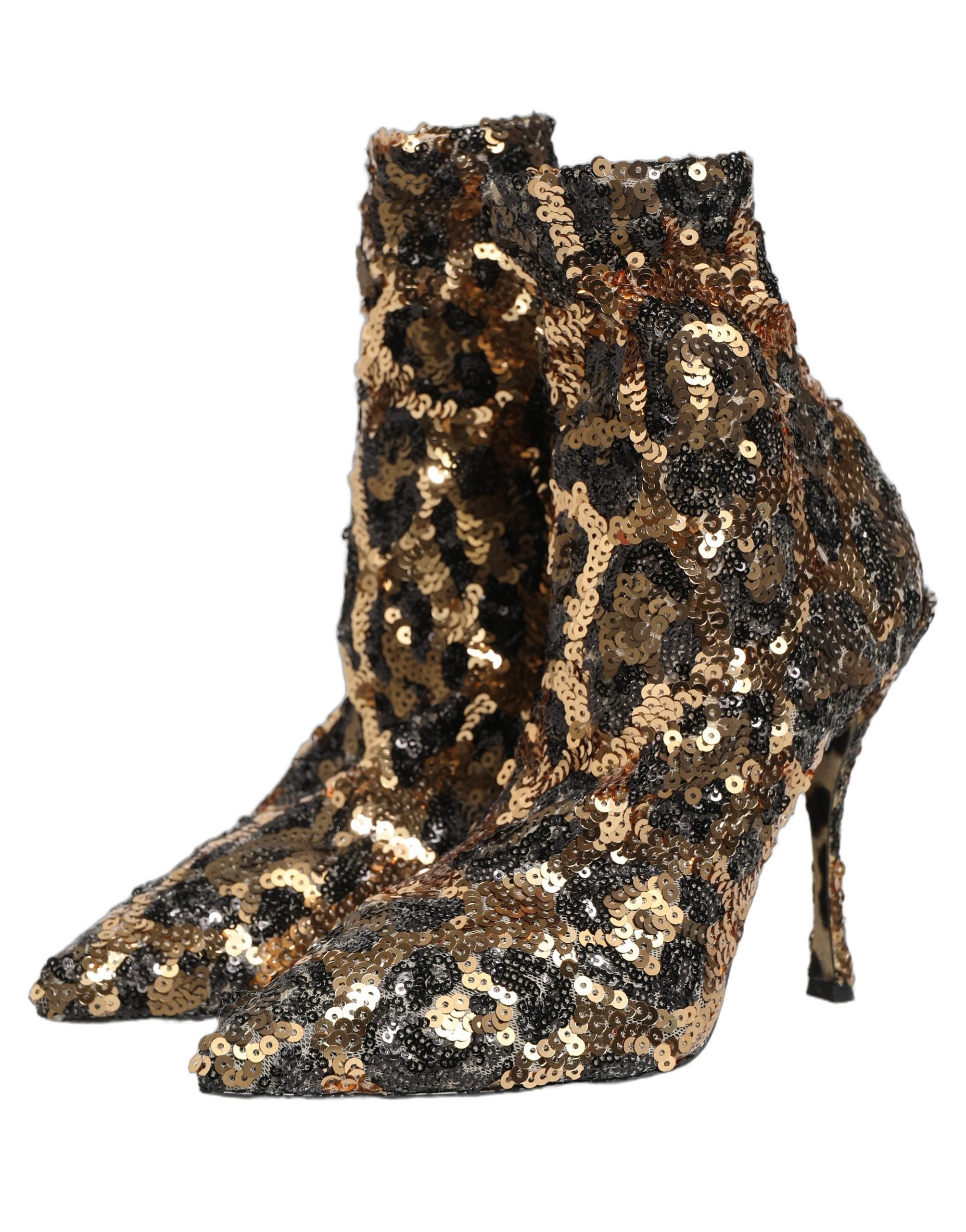 Dolce & Gabbana Gold Leopard Sequin Sock Ankle Boots Shoes-7
