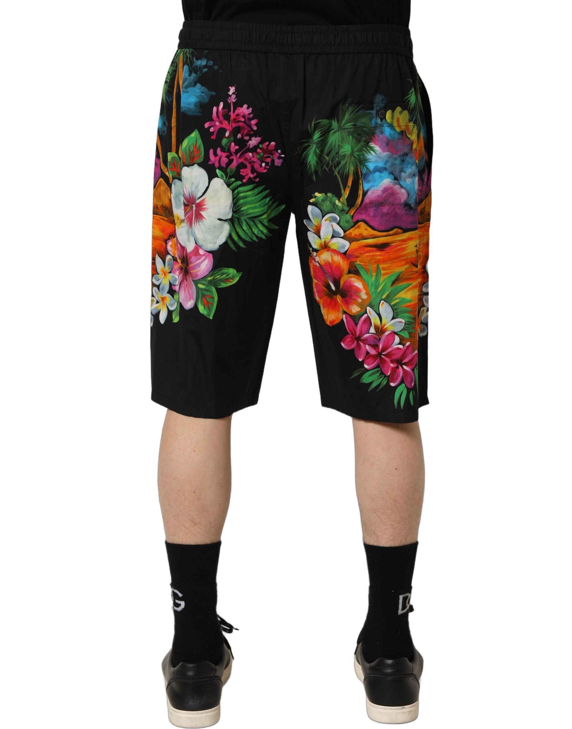 Dolce & Gabbana Schwarze Bermuda-Shorts aus Baumwolle mit tropischem Blumenmuster-2
