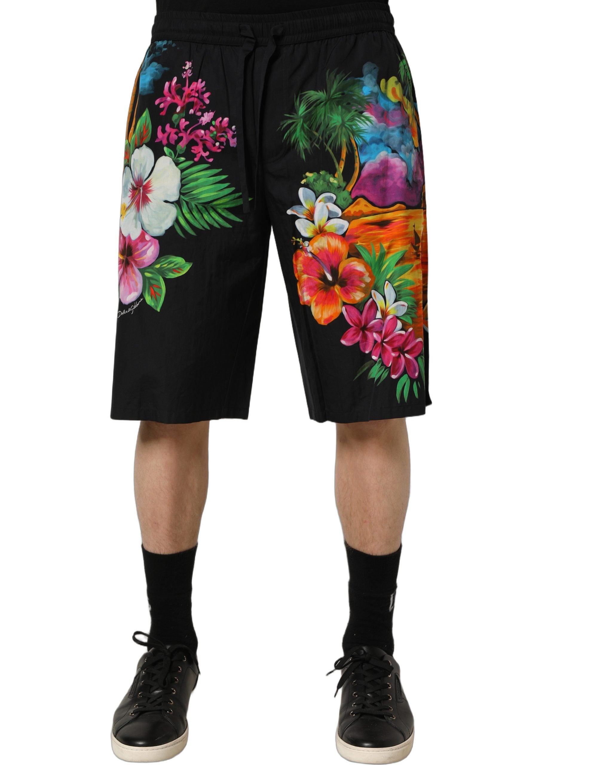 Dolce & Gabbana Schwarze Bermuda-Shorts aus Baumwolle mit tropischem Blumenmuster-4