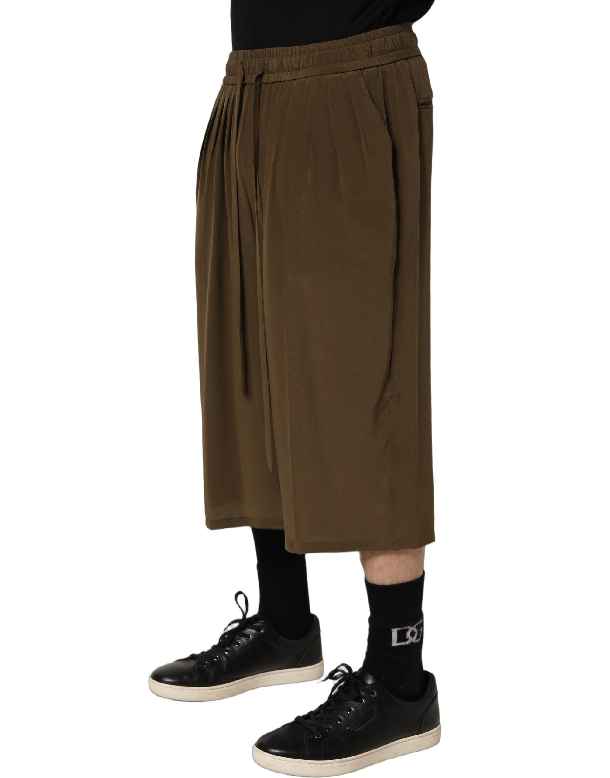 Dolce & Gabbana Braune Seiden-Bermudashorts mit mittlerer Taille und Faltenlegung-3