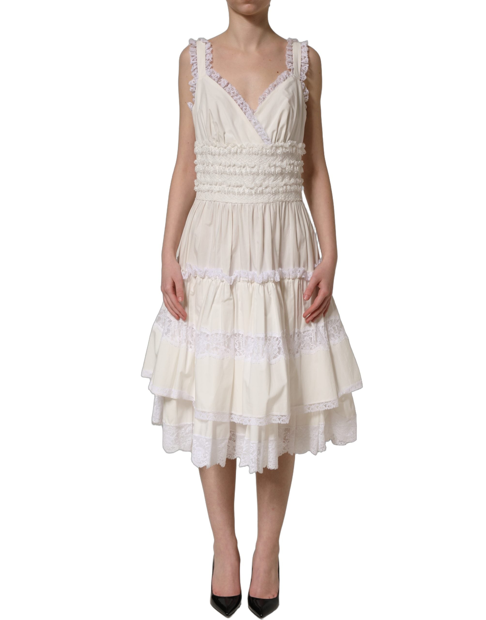 Dolce & Gabbana Midi-Kleid aus weißem Baumwollpopeline mit Rüschen-5