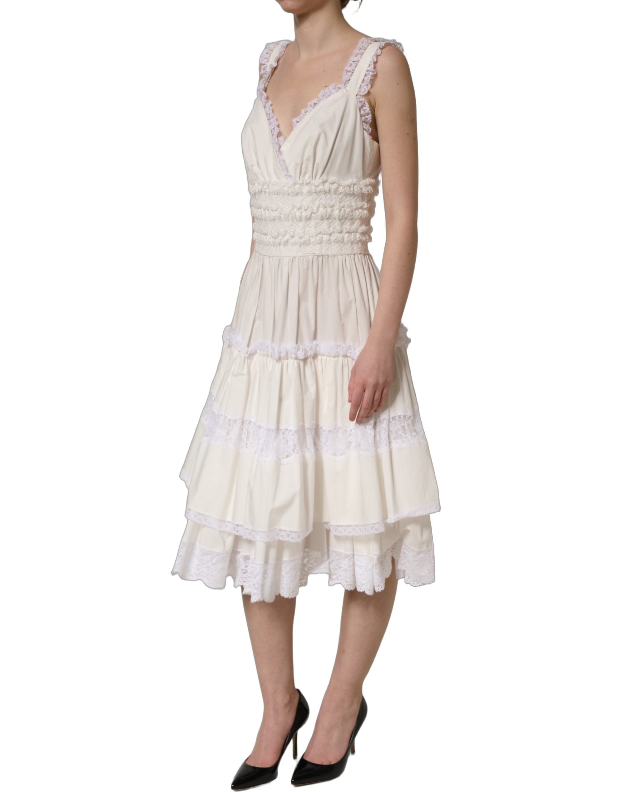 Dolce & Gabbana Midi-Kleid aus weißem Baumwollpopeline mit Rüschen-6