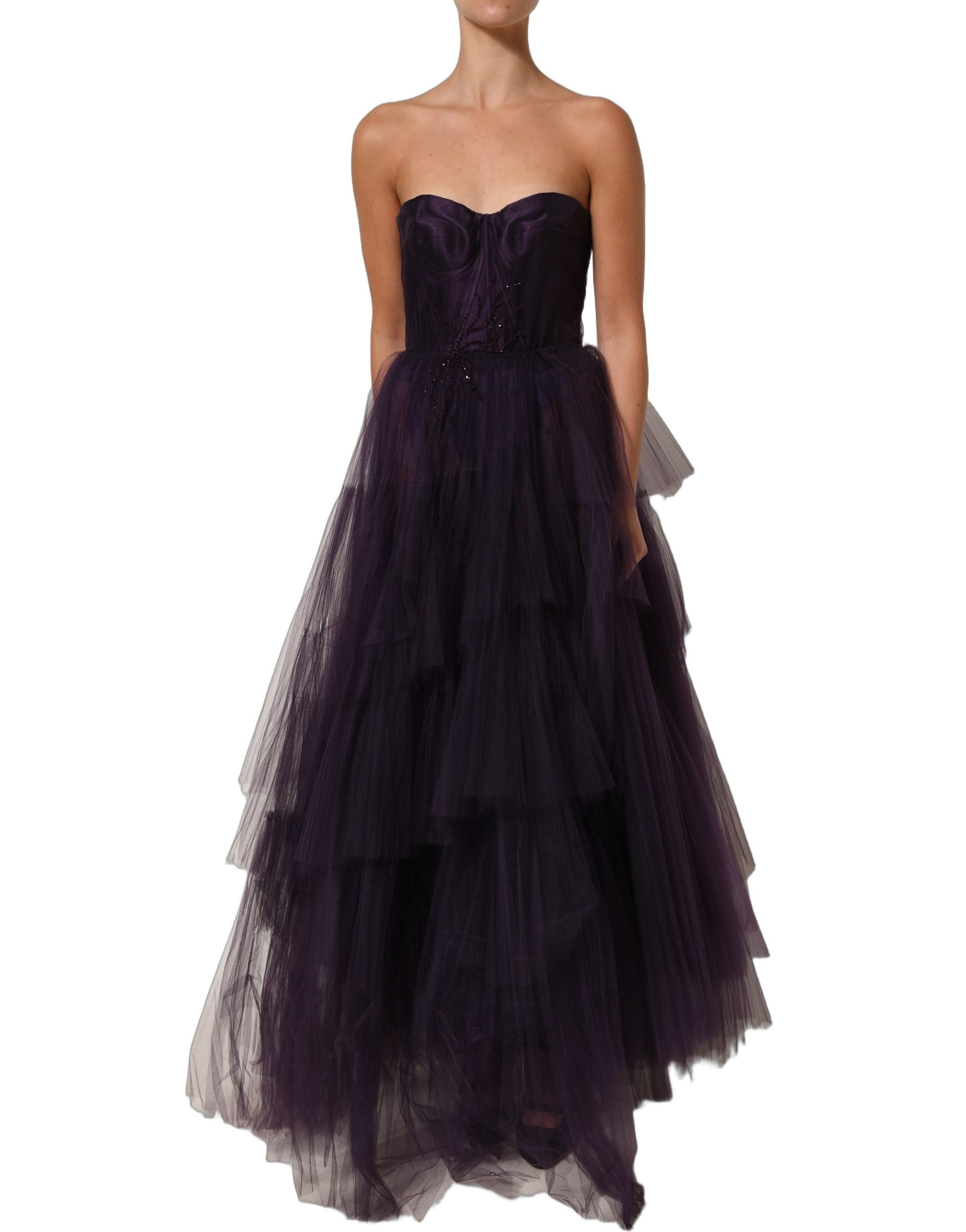 Dolce & Gabbana Lila bodenlanges Tüll-Seiden-Abendkleid mit Volants-6