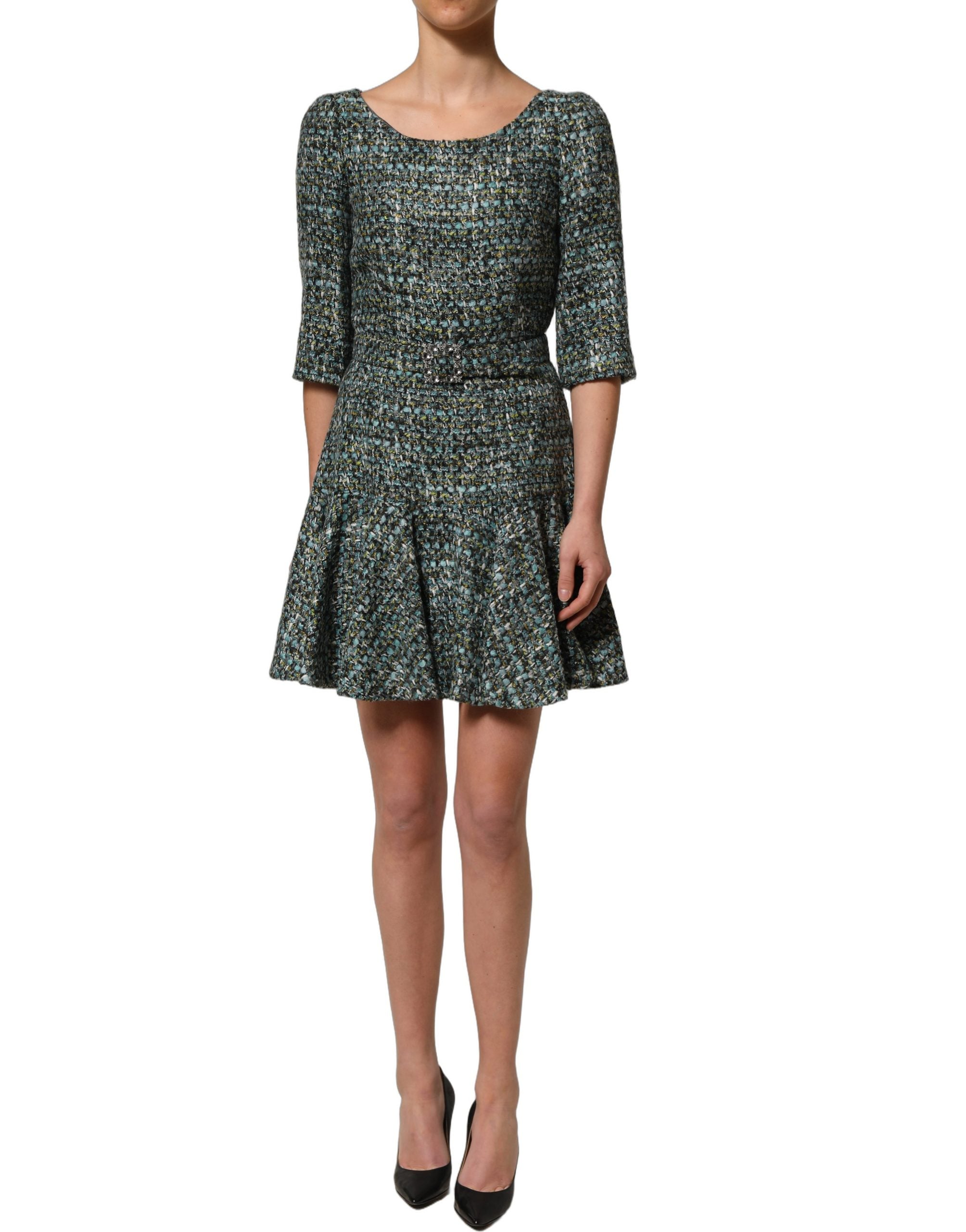 Dolce & Gabbana Mehrfarbiges Tweed-Kleid im Babydoll-Stil mit Gürtel, Mini-Länge-5