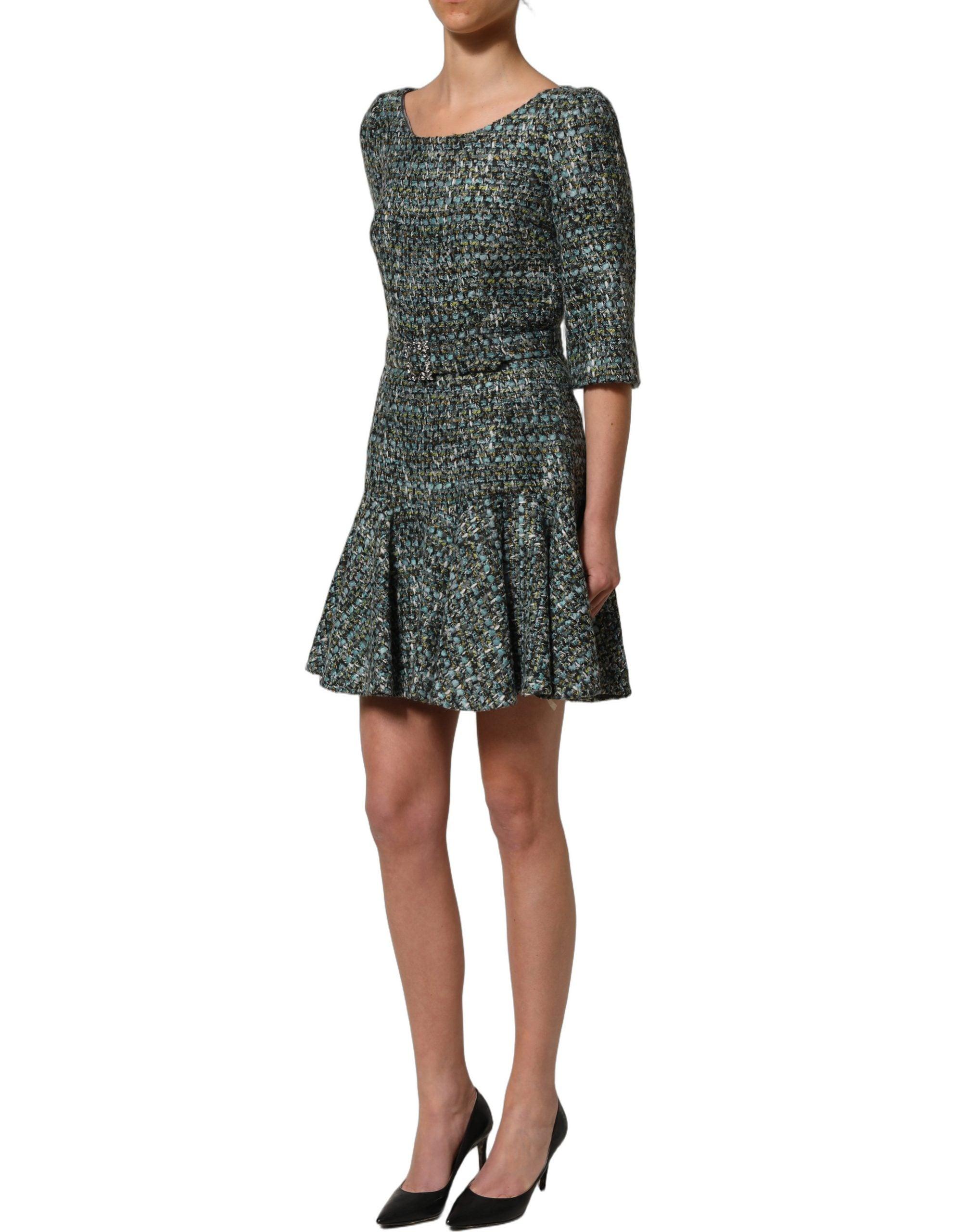 Dolce & Gabbana Mehrfarbiges Tweed-Kleid im Babydoll-Stil mit Gürtel, Mini-Länge-6