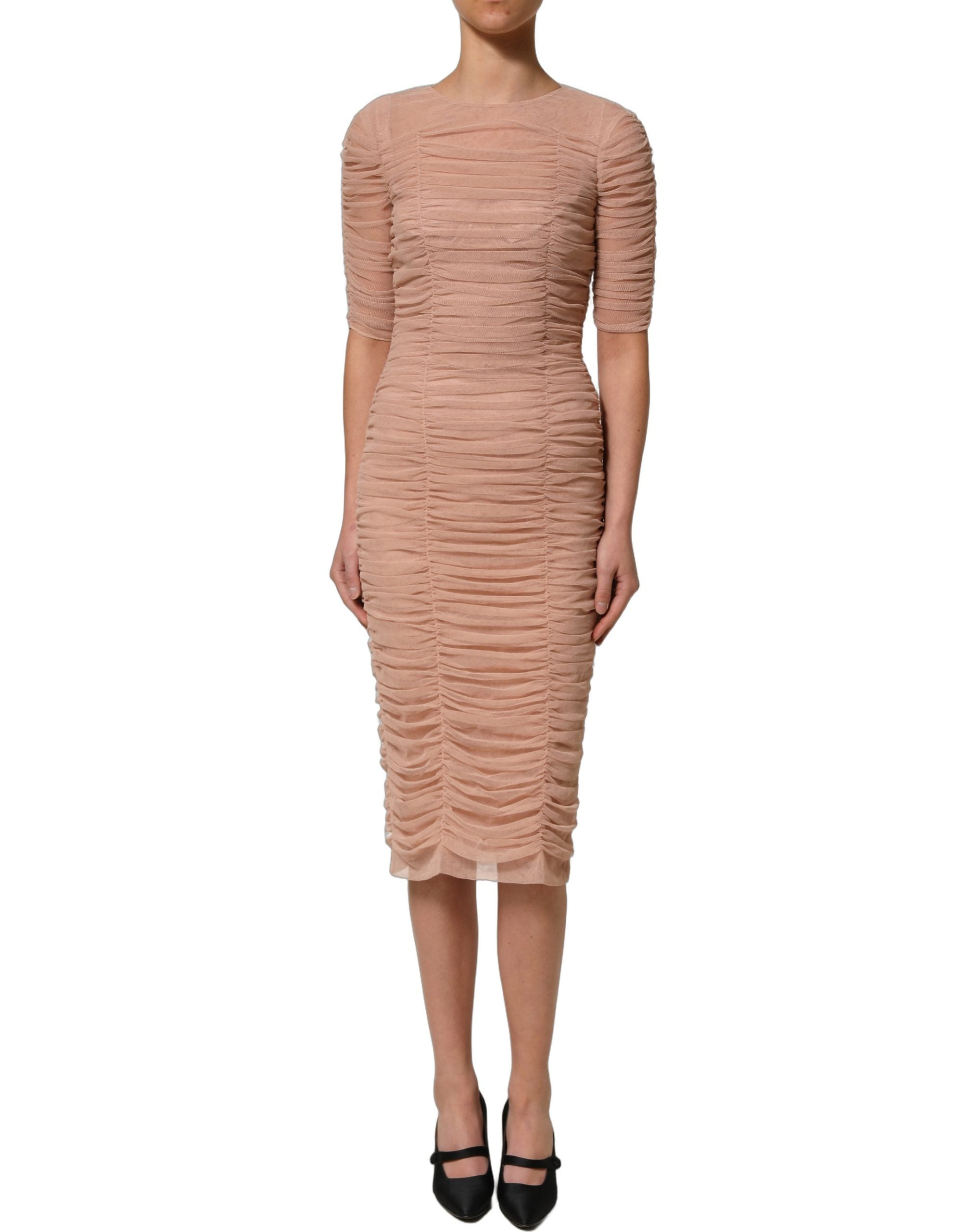 Dolce & Gabbana Beige Baumwoll-Mesh-Raffungen Etuikleid Midi-2