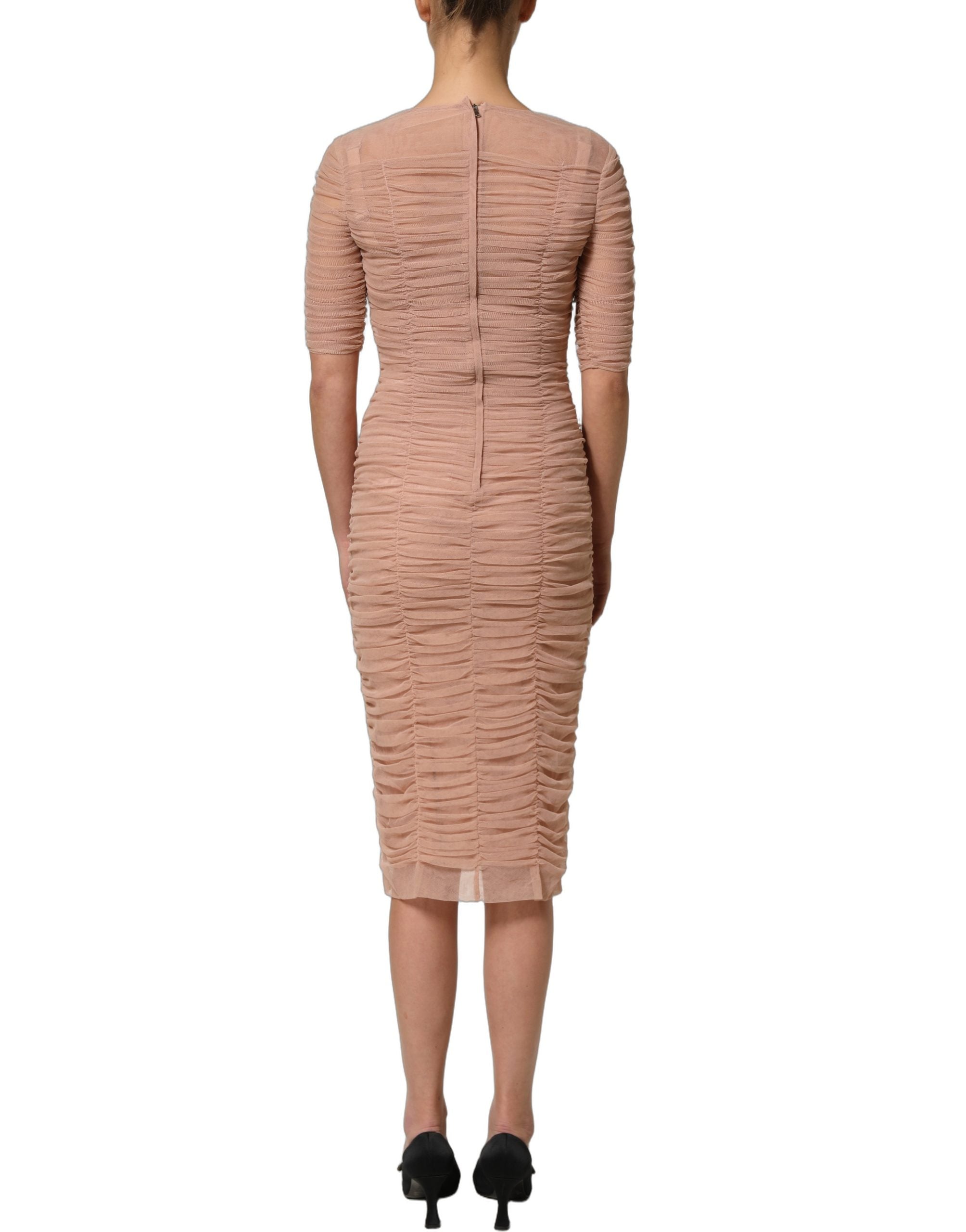 Dolce & Gabbana Beige Baumwoll-Mesh-Raffungen Etuikleid Midi-5