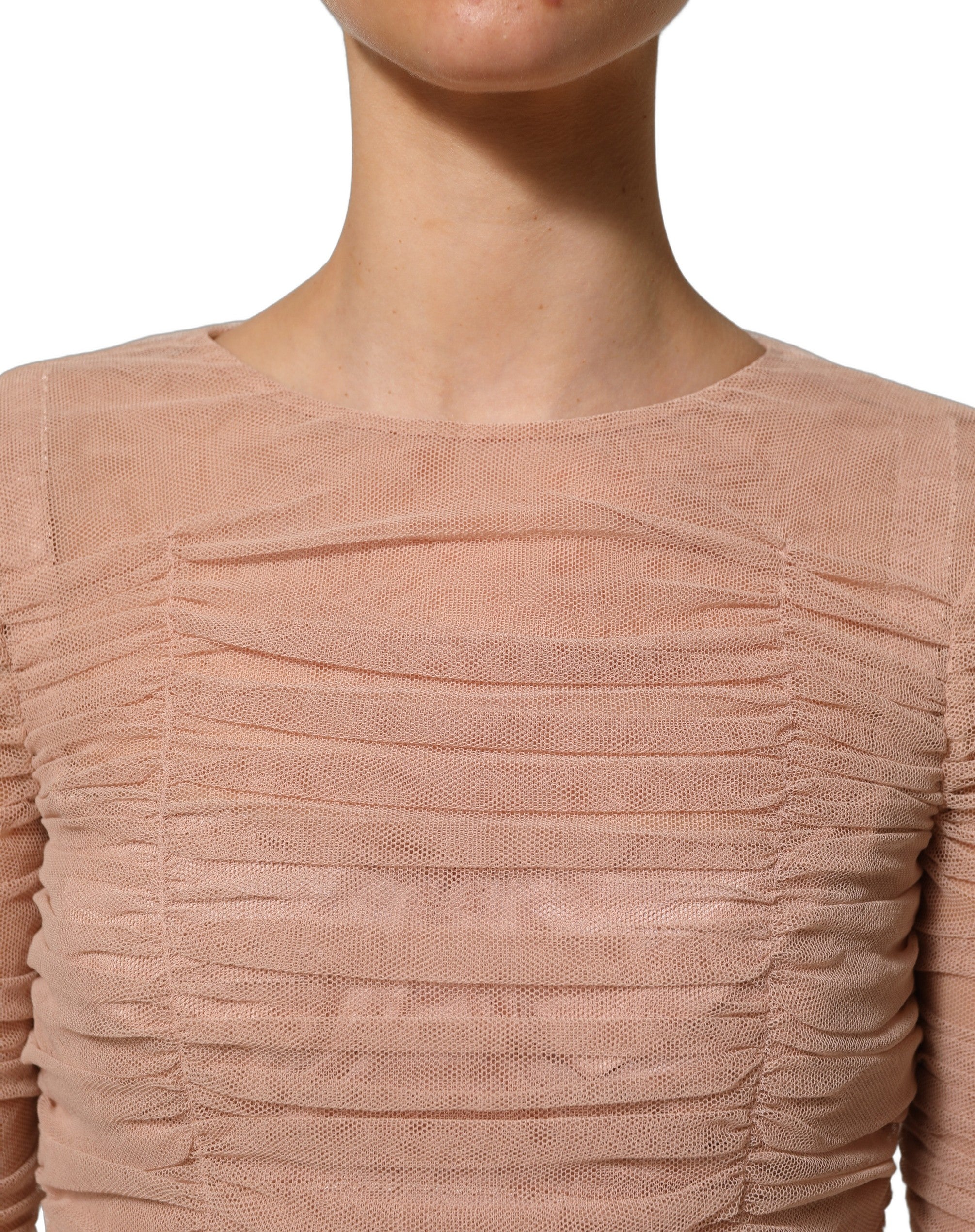 Dolce & Gabbana Beige Baumwoll-Mesh-Raffungen Etuikleid Midi-6