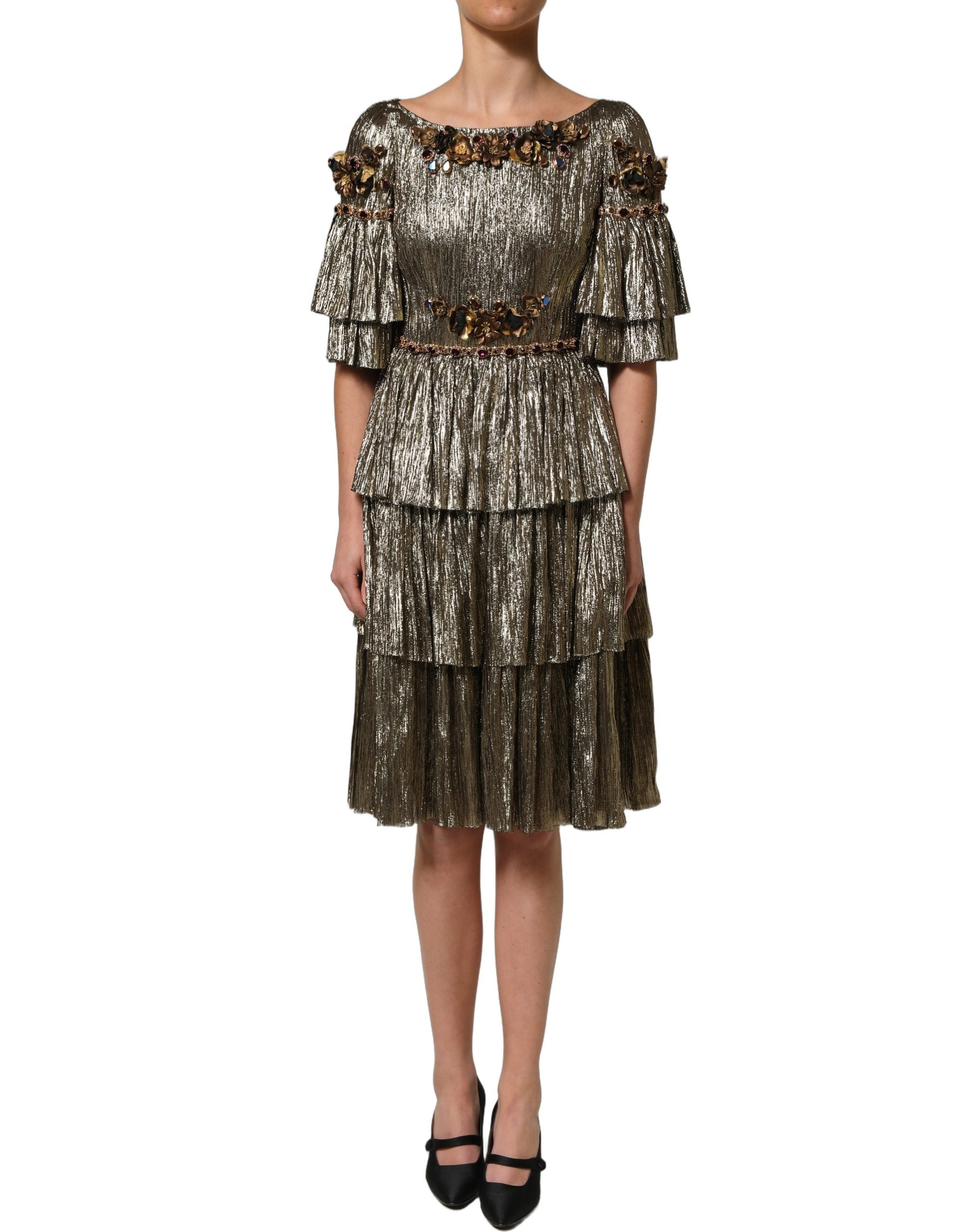 Dolce & Gabbana Midi-Kleid aus Metallic-Gold mit Verzierungen und Stufen-Design-3