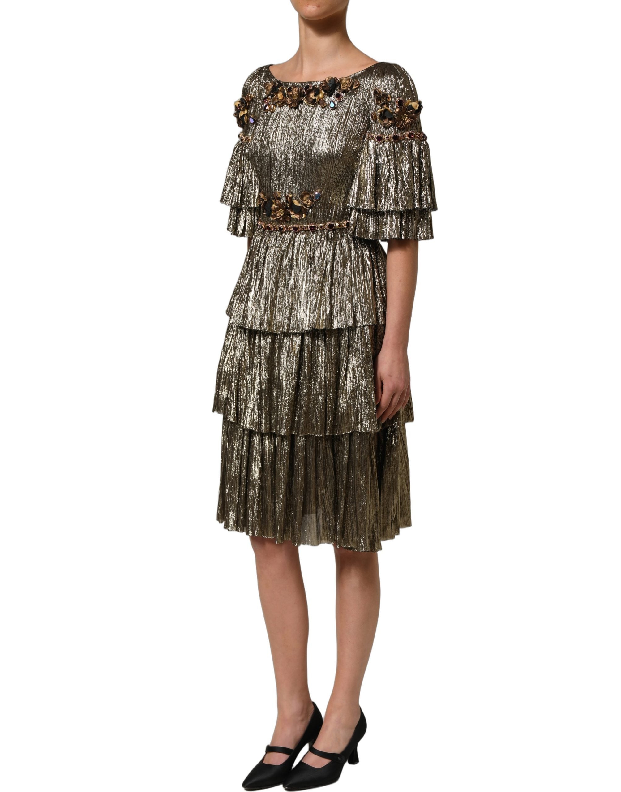 Dolce & Gabbana Midi-Kleid aus Metallic-Gold mit Verzierungen und Stufen-Design-4