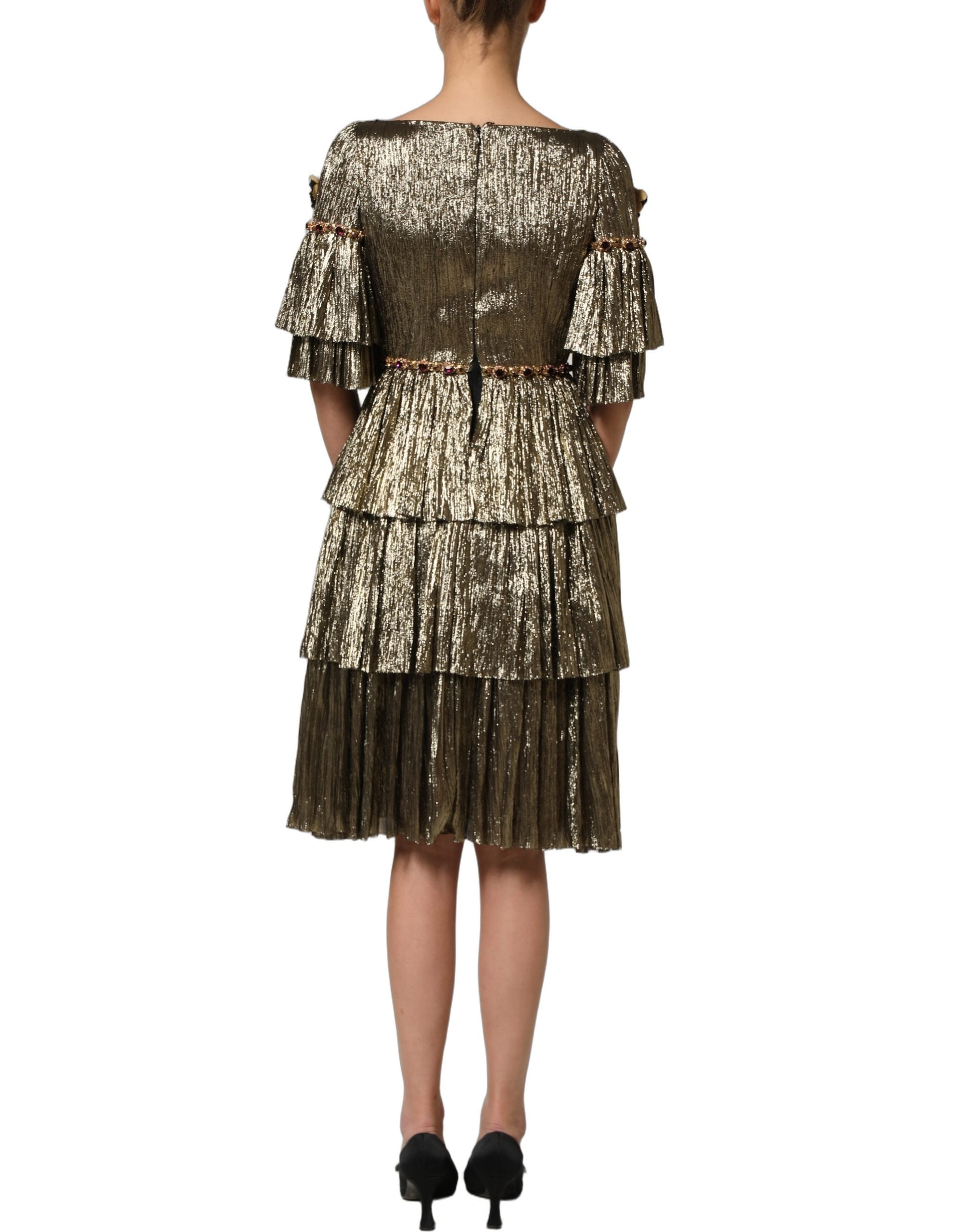 Dolce & Gabbana Midi-Kleid aus Metallic-Gold mit Verzierungen und Stufen-Design-5