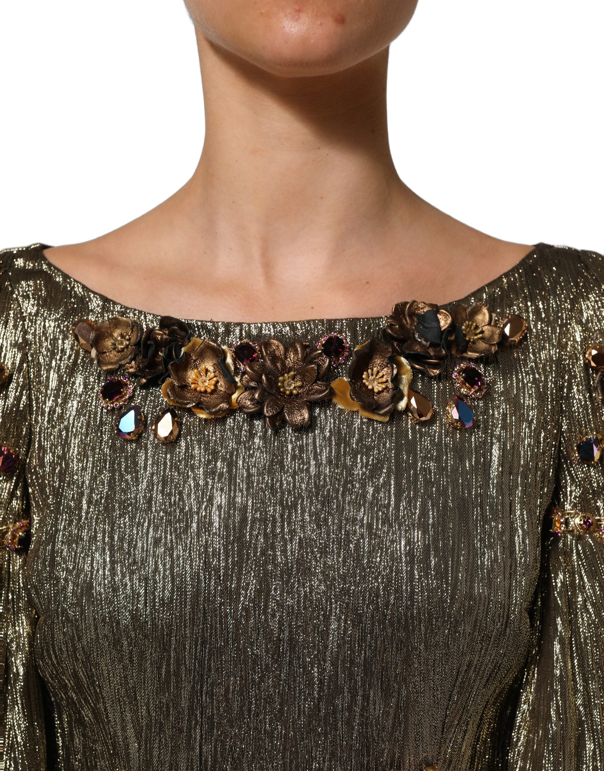 Dolce & Gabbana Midi-Kleid aus Metallic-Gold mit Verzierungen und Stufen-Design-6