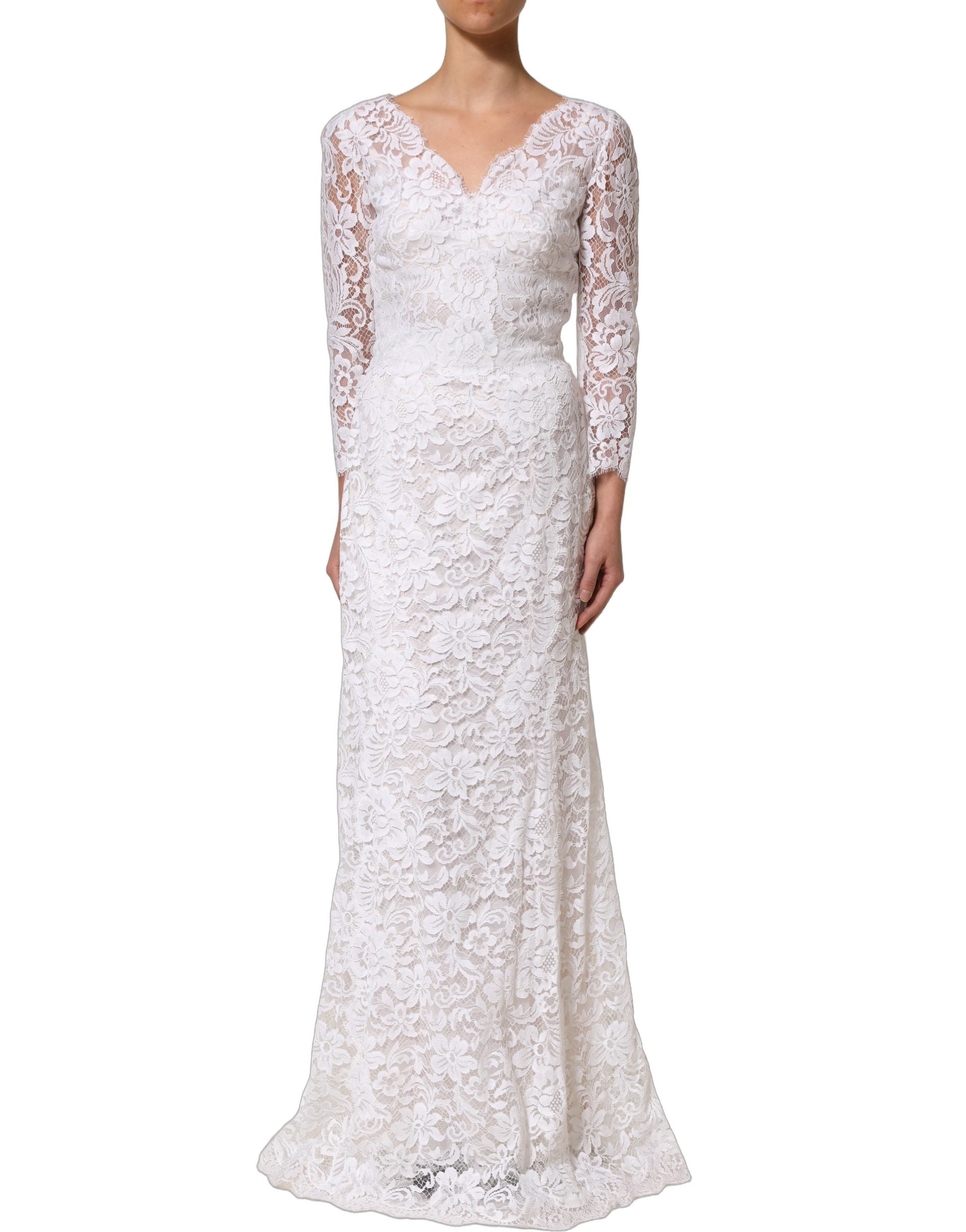 Dolce & Gabbana Langes Spitzen-Abendkleid aus weißer Baumwolle-3