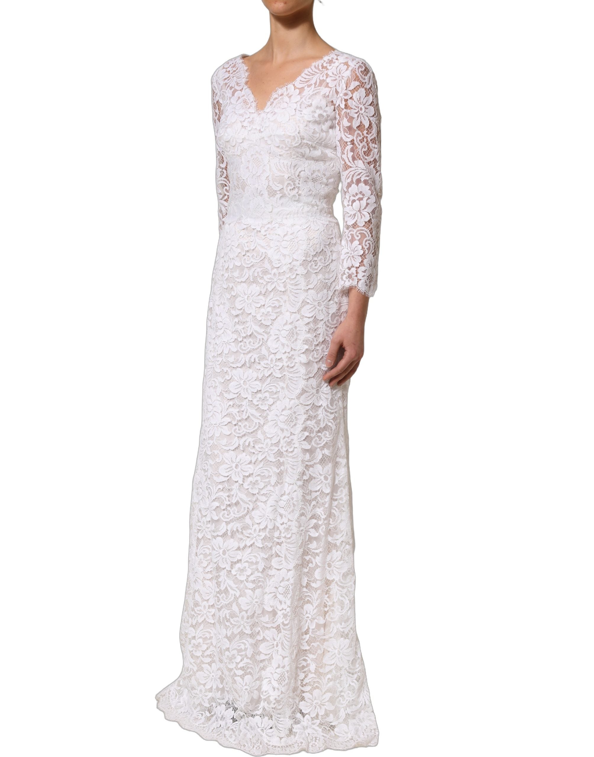 Dolce & Gabbana Langes Spitzen-Abendkleid aus weißer Baumwolle-4