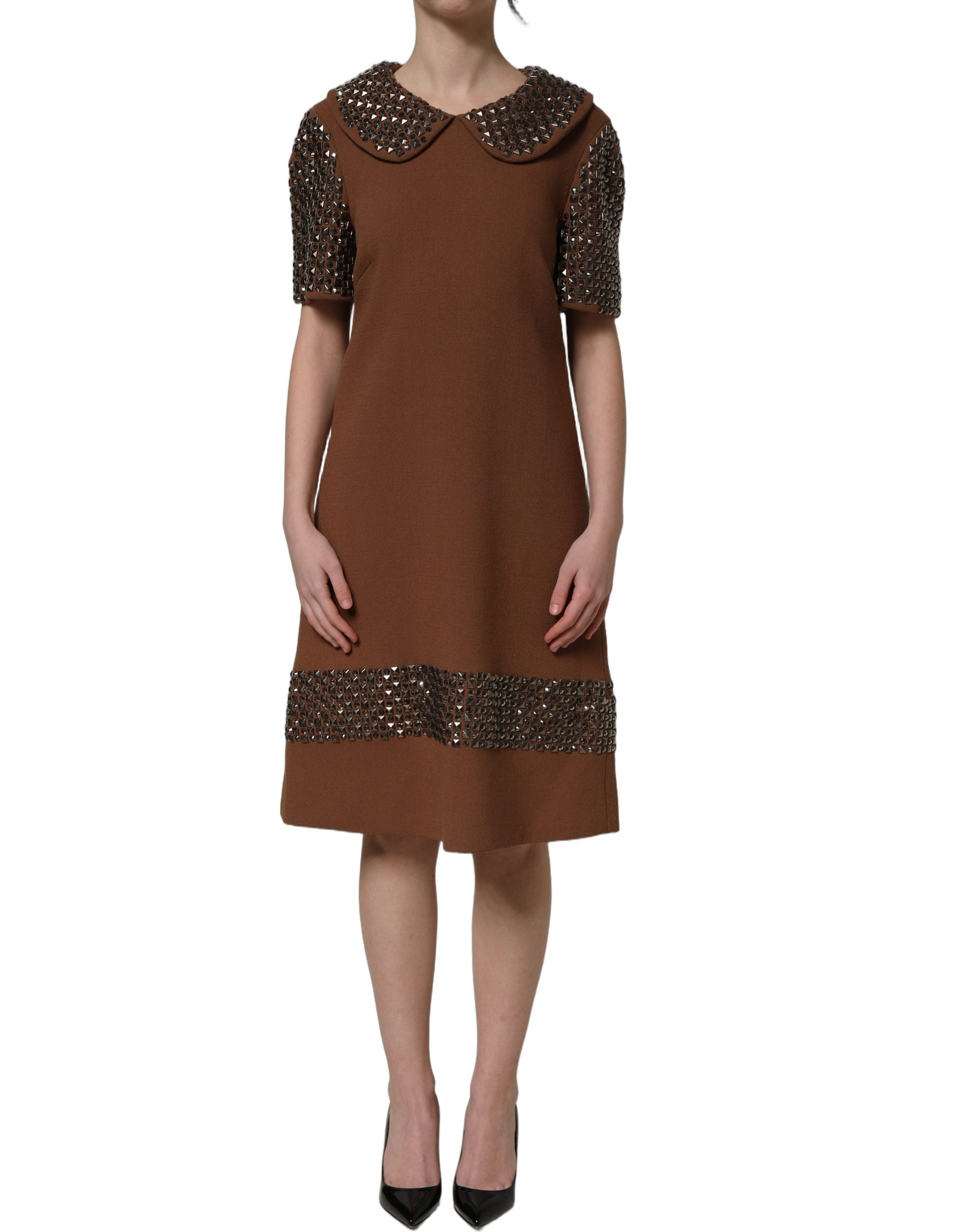 Dolce & Gabbana Braunes Wollkleid mit Strassbesatz, Midi-Länge-2
