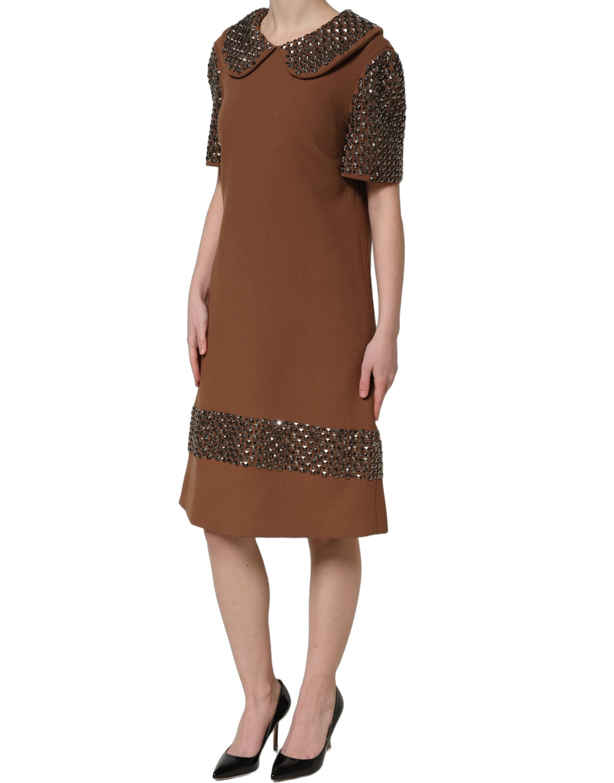 Dolce & Gabbana Braunes Wollkleid mit Strassbesatz, Midi-Länge-4