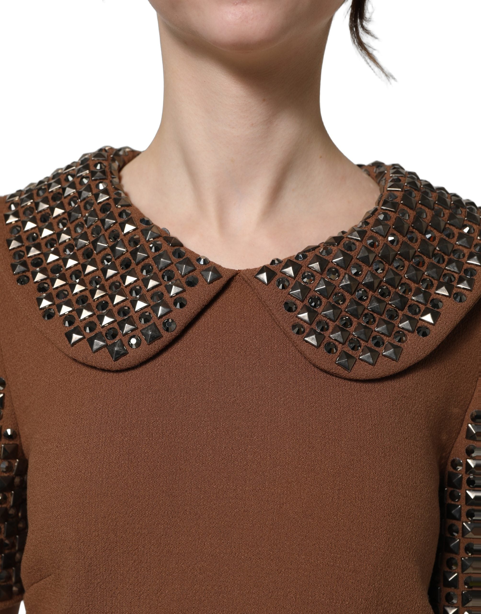 Dolce & Gabbana Braunes Wollkleid mit Strassbesatz, Midi-Länge-6