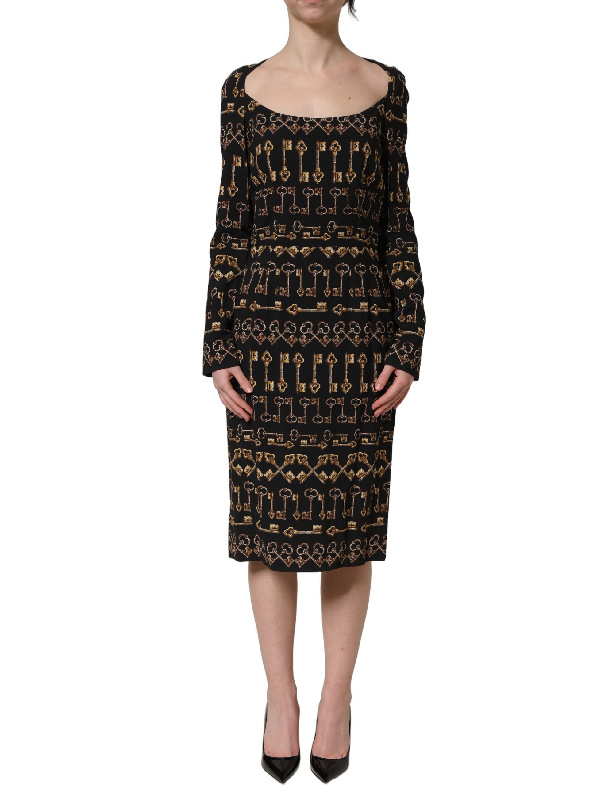 Dolce & Gabbana Schwarzes Etuikleid mit langem Arm und Schlüssel-Print-2