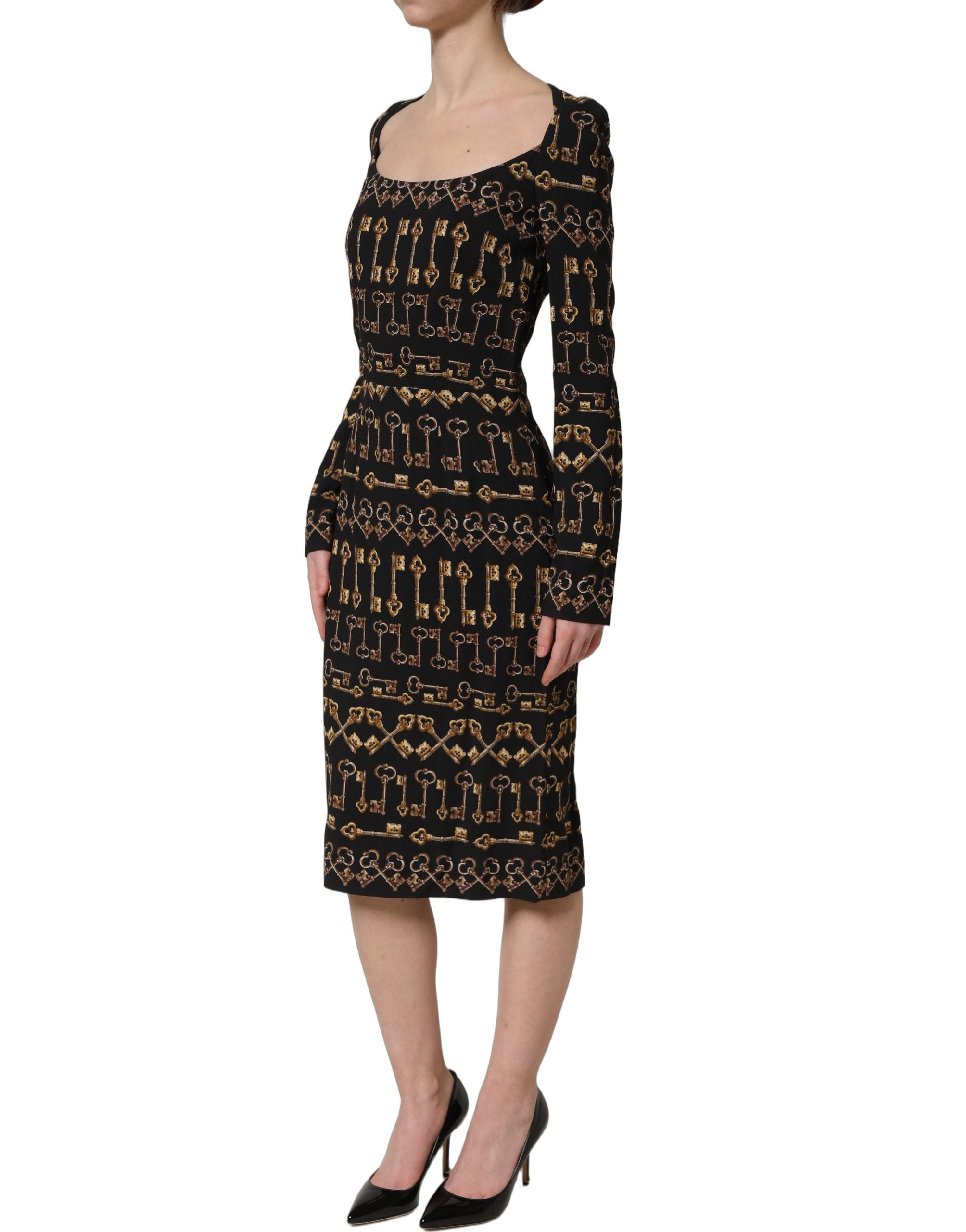 Dolce & Gabbana Schwarzes Etuikleid mit langem Arm und Schlüssel-Print-4