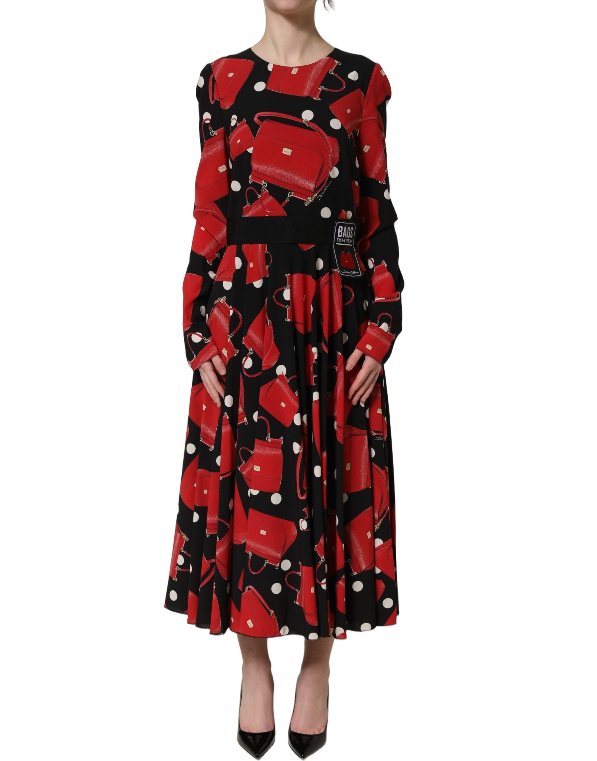 Dolce & Gabbana Schwarzes Midikleid mit Langarm und Handtaschen-Print-2