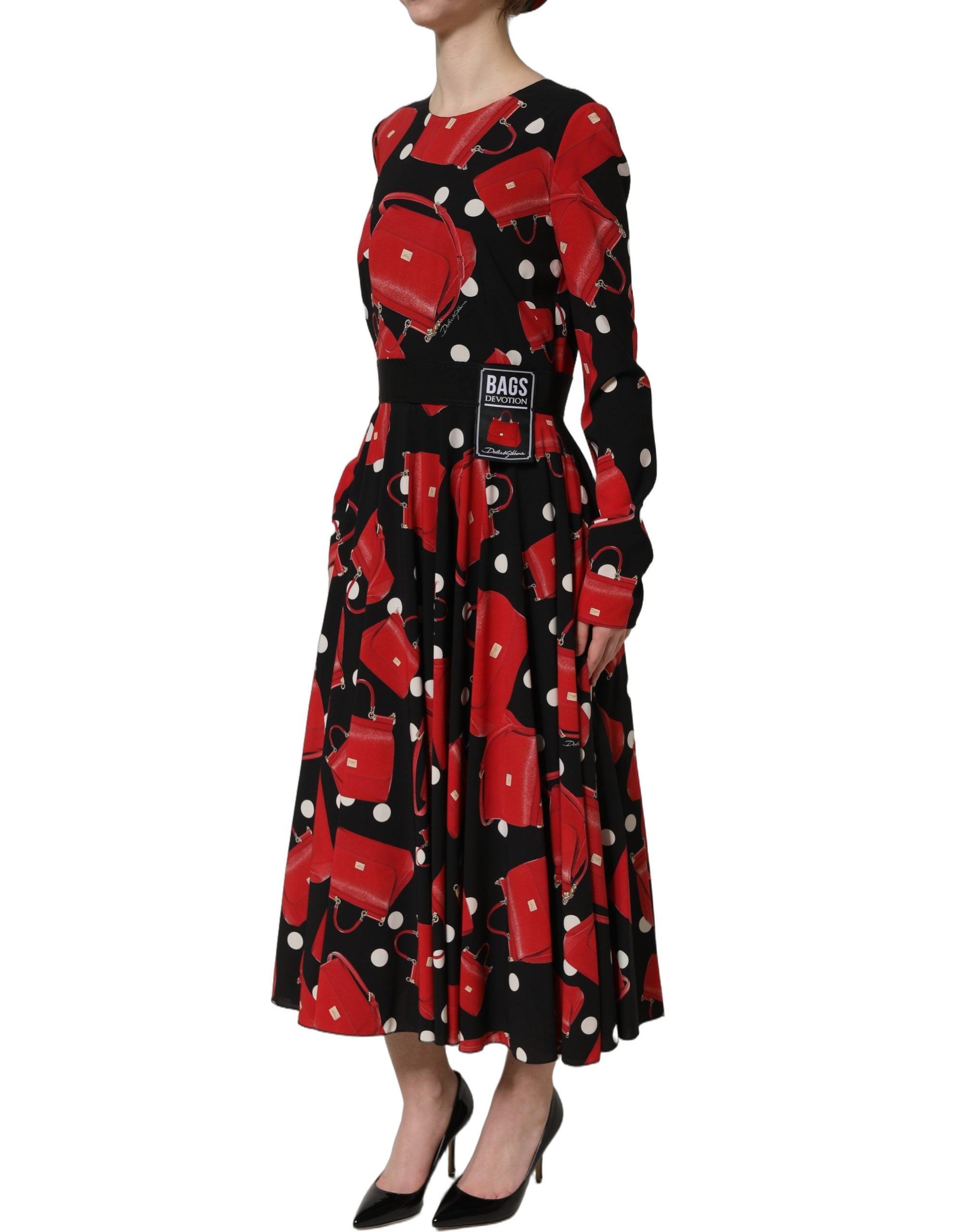 Dolce & Gabbana Schwarzes Midikleid mit Langarm und Handtaschen-Print-4