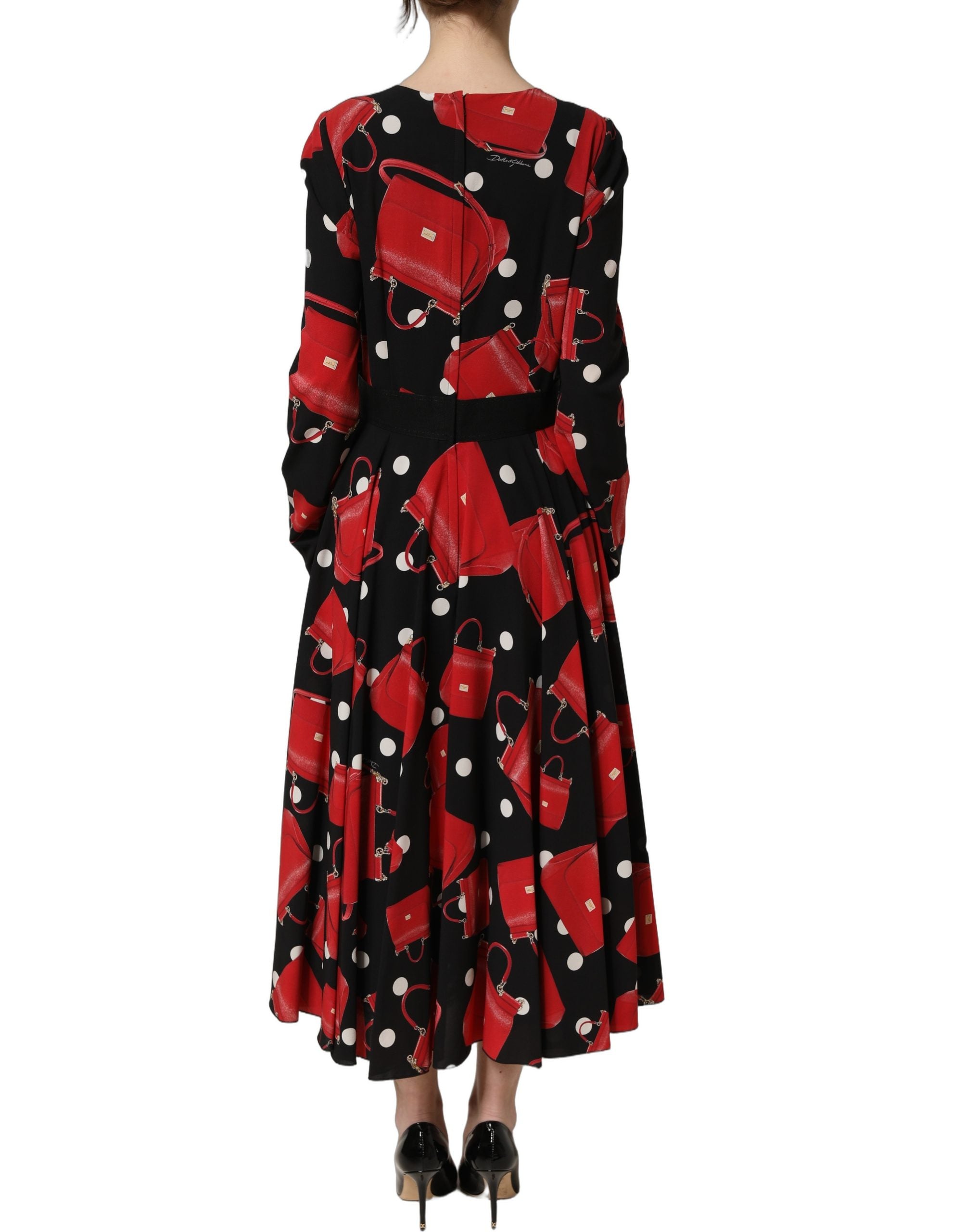 Dolce & Gabbana Schwarzes Midikleid mit Langarm und Handtaschen-Print-5