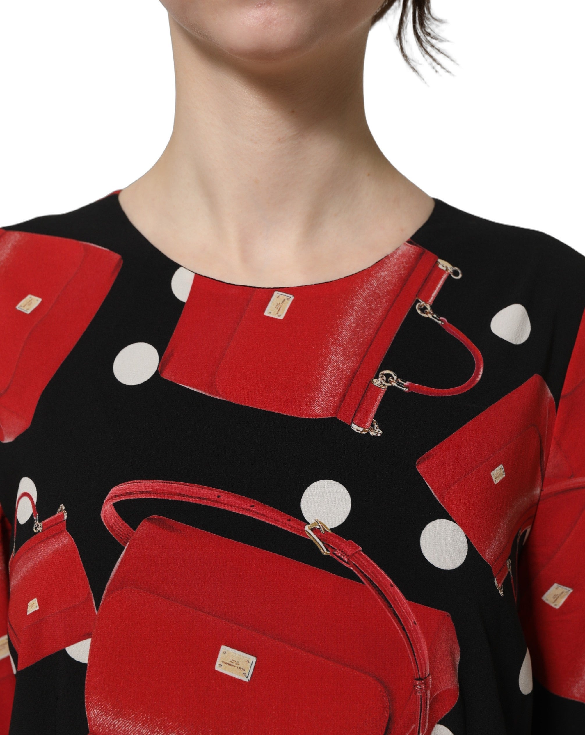 Dolce & Gabbana Schwarzes Midikleid mit Langarm und Handtaschen-Print-6