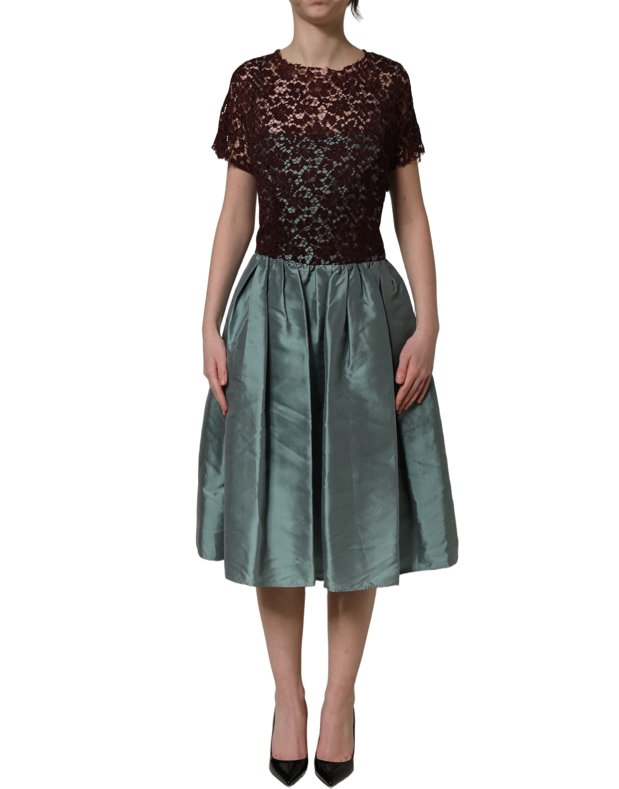 Dolce & Gabbana Mehrfarbiges Blumen-Spitzen-Taft-Midikleid mit Falten-3