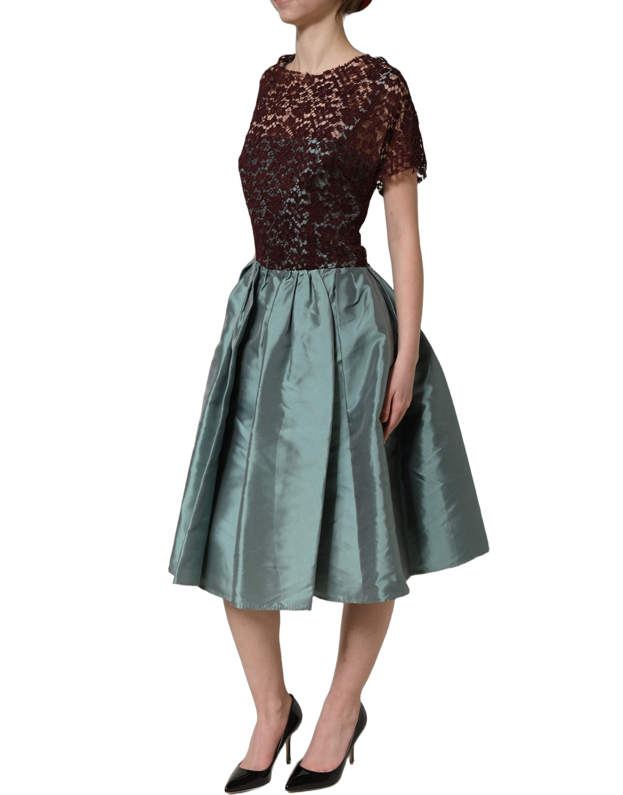 Dolce & Gabbana Mehrfarbiges Blumen-Spitzen-Taft-Midikleid mit Falten-5