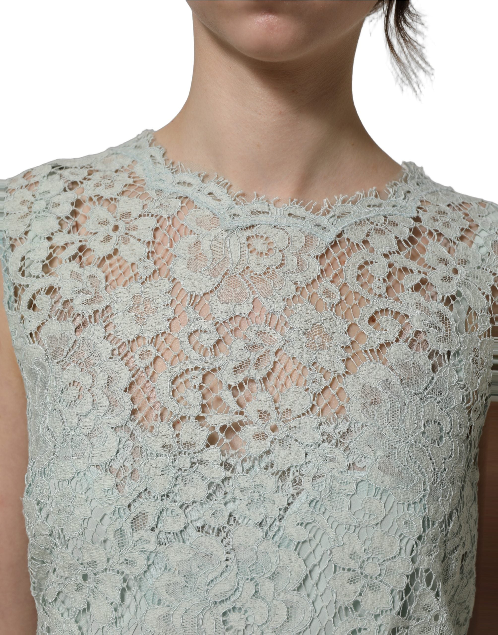 Dolce & Gabbana Mintgrünes ärmelloses Spitzenkleid knielang-5