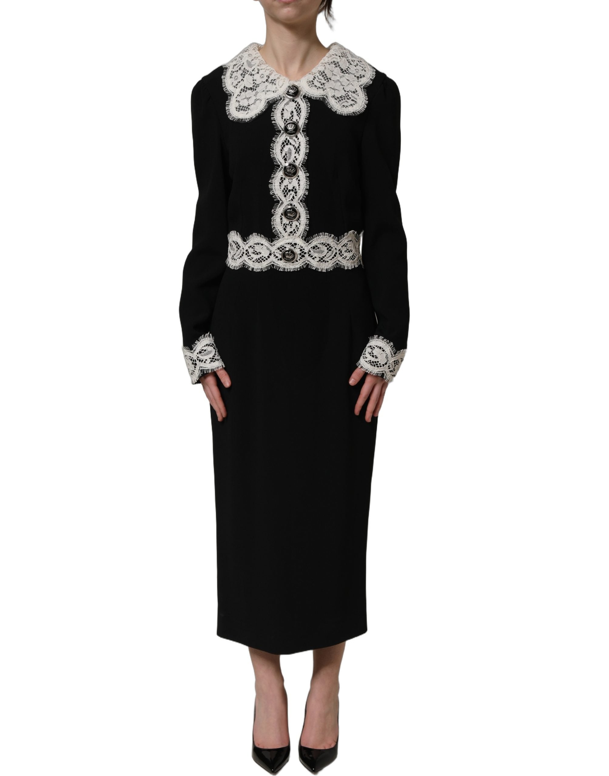 Dolce & Gabbana Midi-Kleid mit langen Ärmeln und schwarzen Spitzendetails-3
