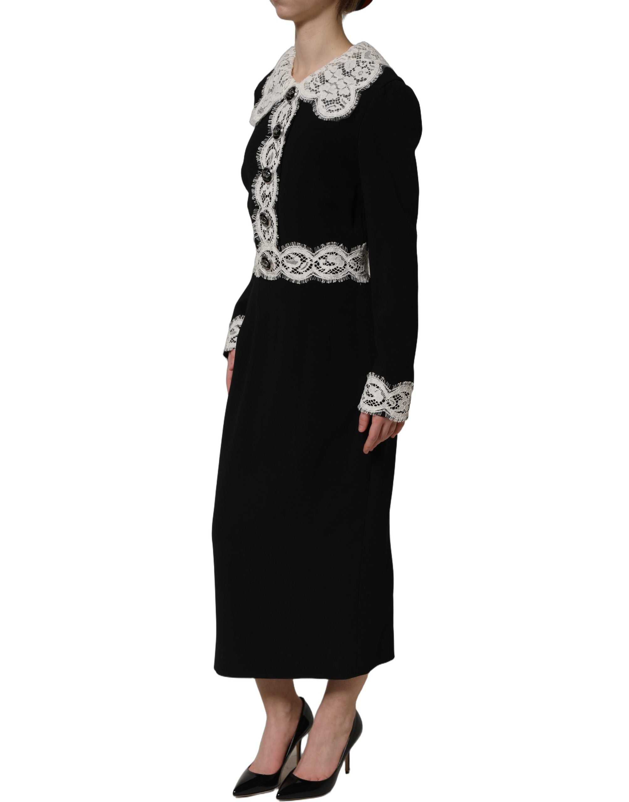 Dolce & Gabbana Midi-Kleid mit langen Ärmeln und schwarzen Spitzendetails-4