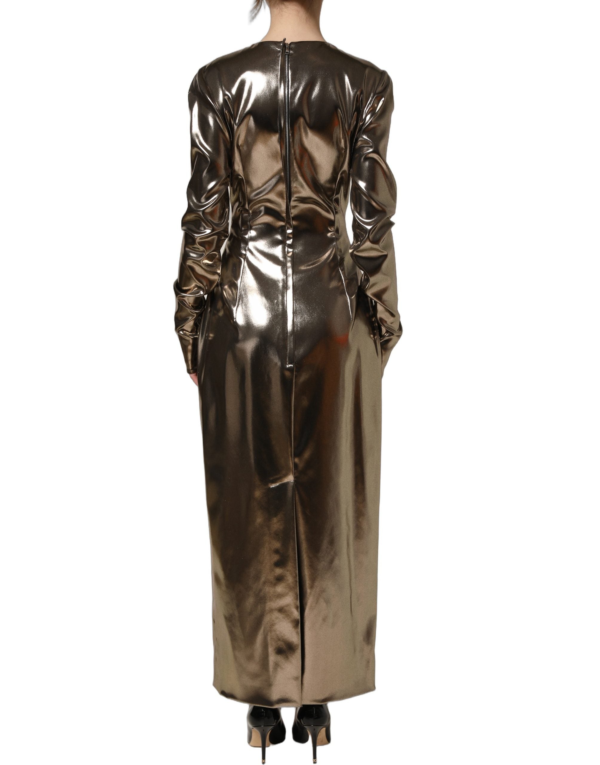 Dolce & Gabbana Maxikleid aus Polyester mit Metallic-Gold-Effekt und langen Ärmeln-2