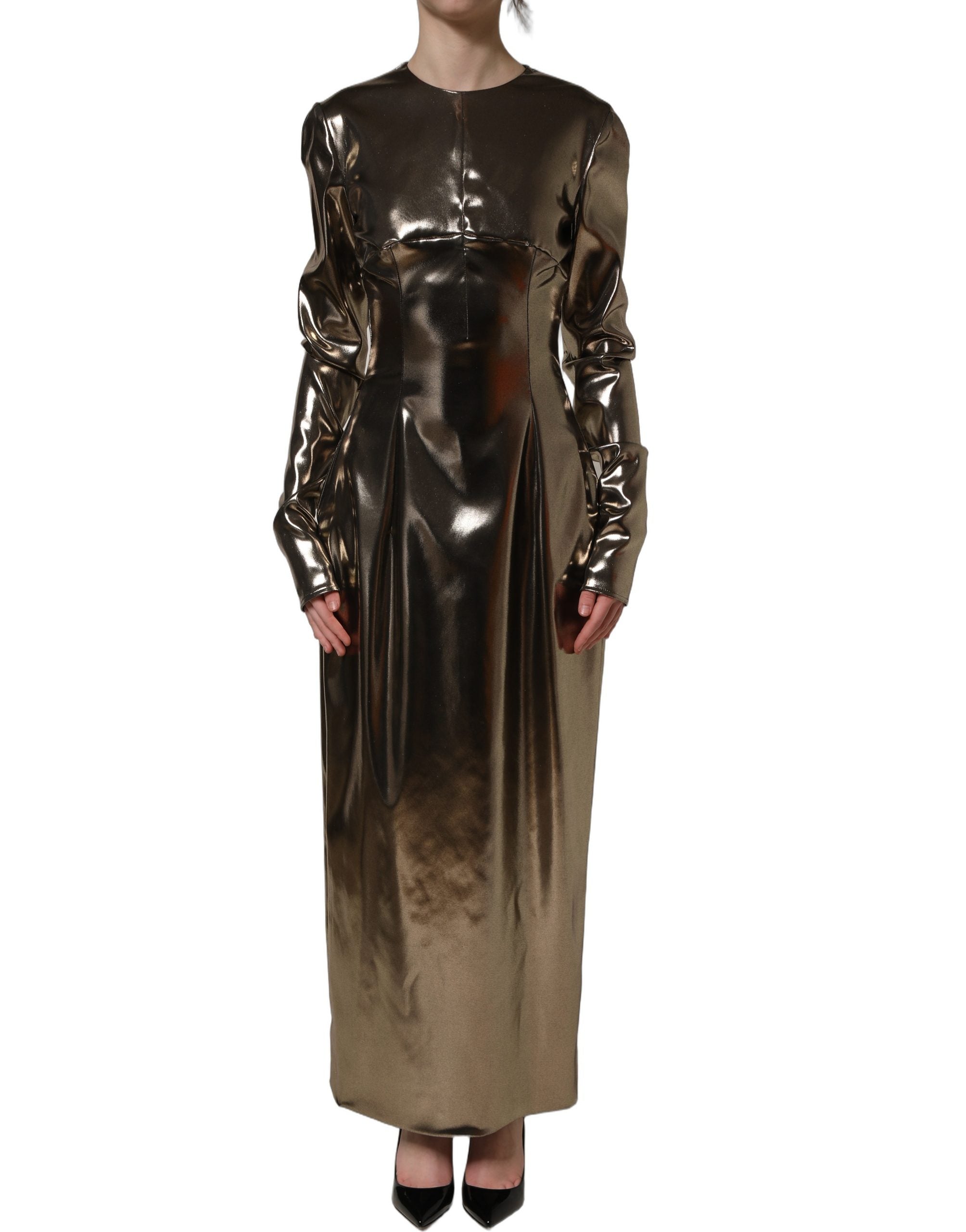Dolce & Gabbana Maxikleid aus Polyester mit Metallic-Gold-Effekt und langen Ärmeln-5