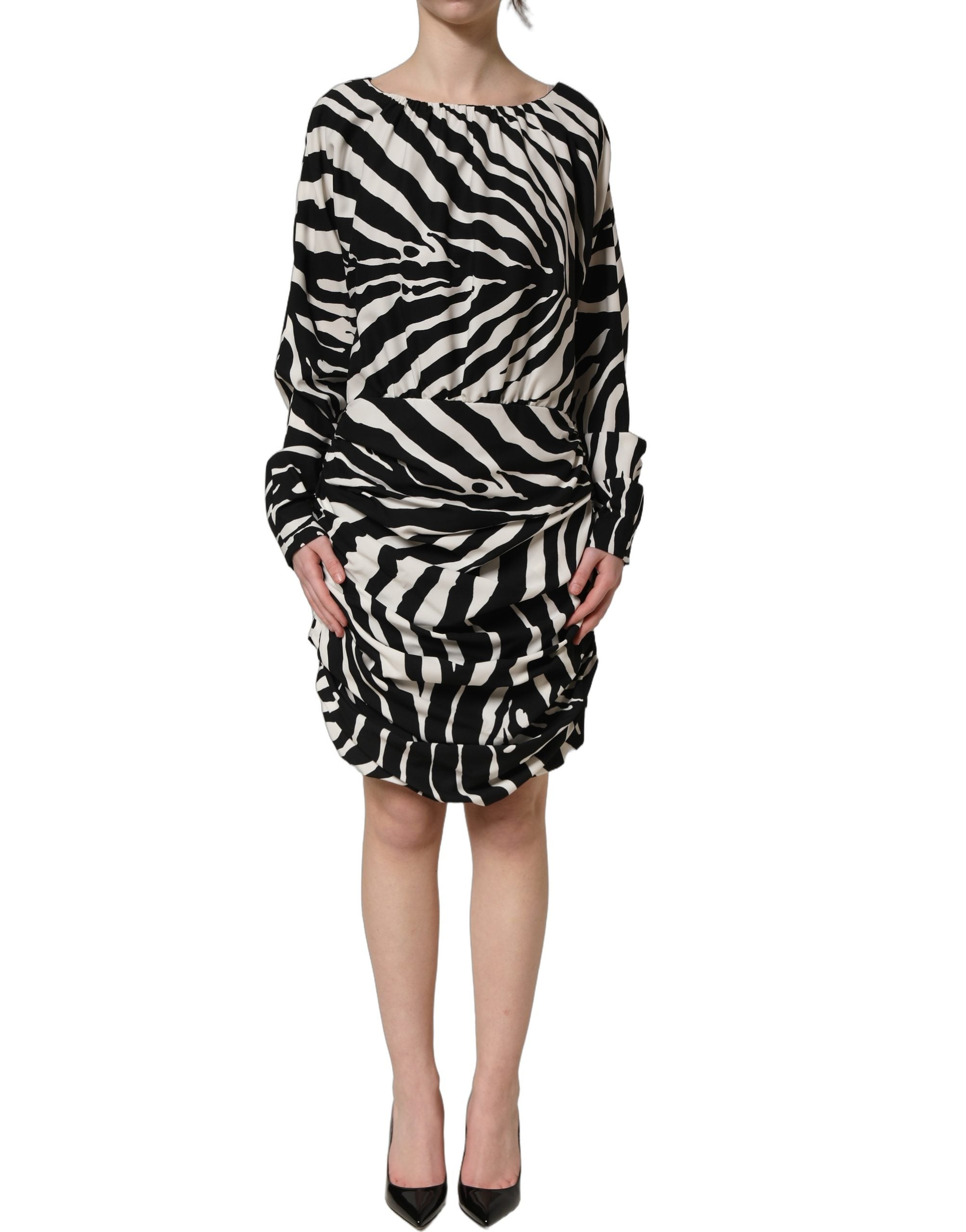 Dolce & Gabbana Mini-Kleid aus Seide mit Raffungen und Zebra-Print in Schwarz und Weiß-3