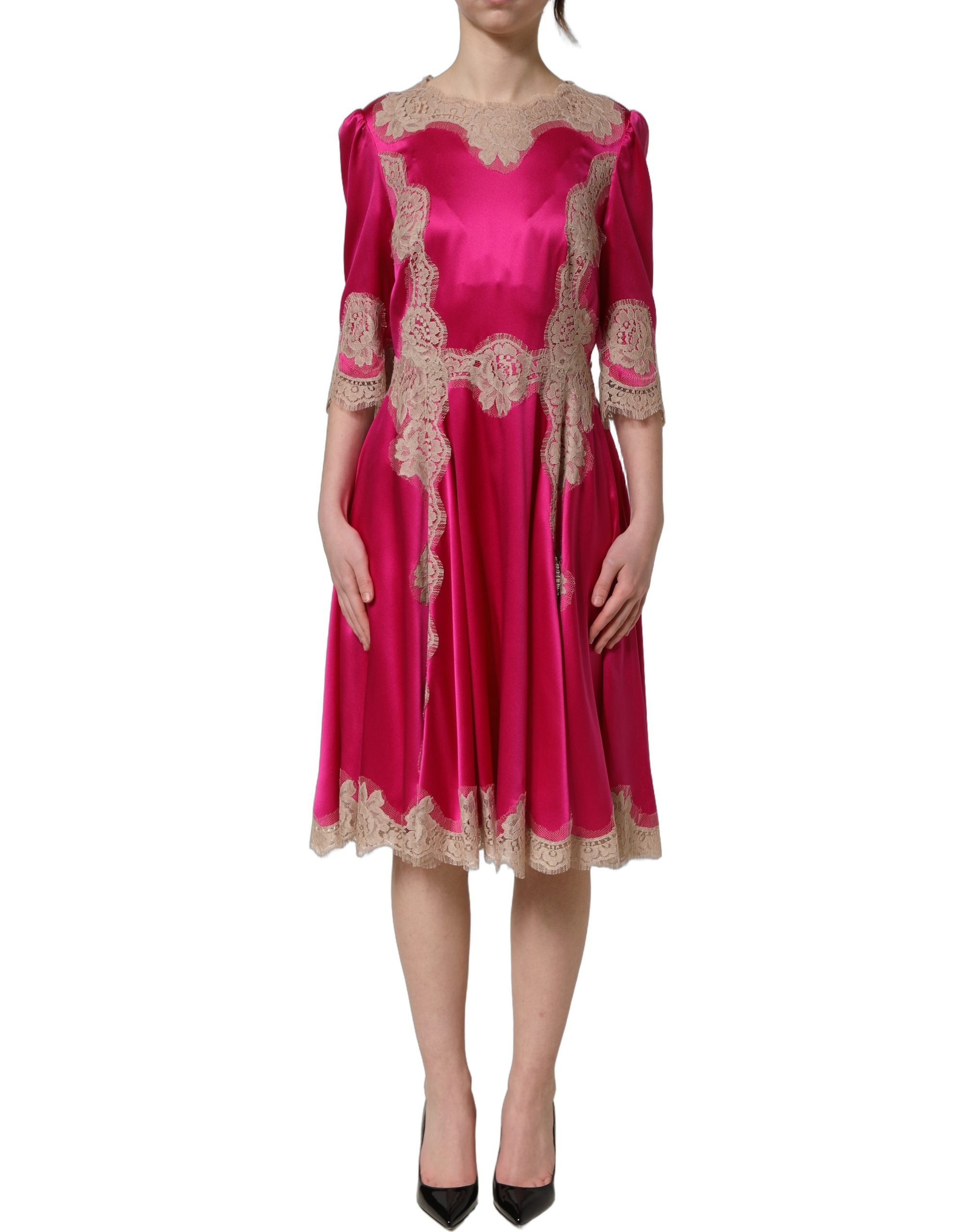 Dolce & Gabbana Fuchsia Pink Spitzen-Detail A-Linien-Midikleid-3