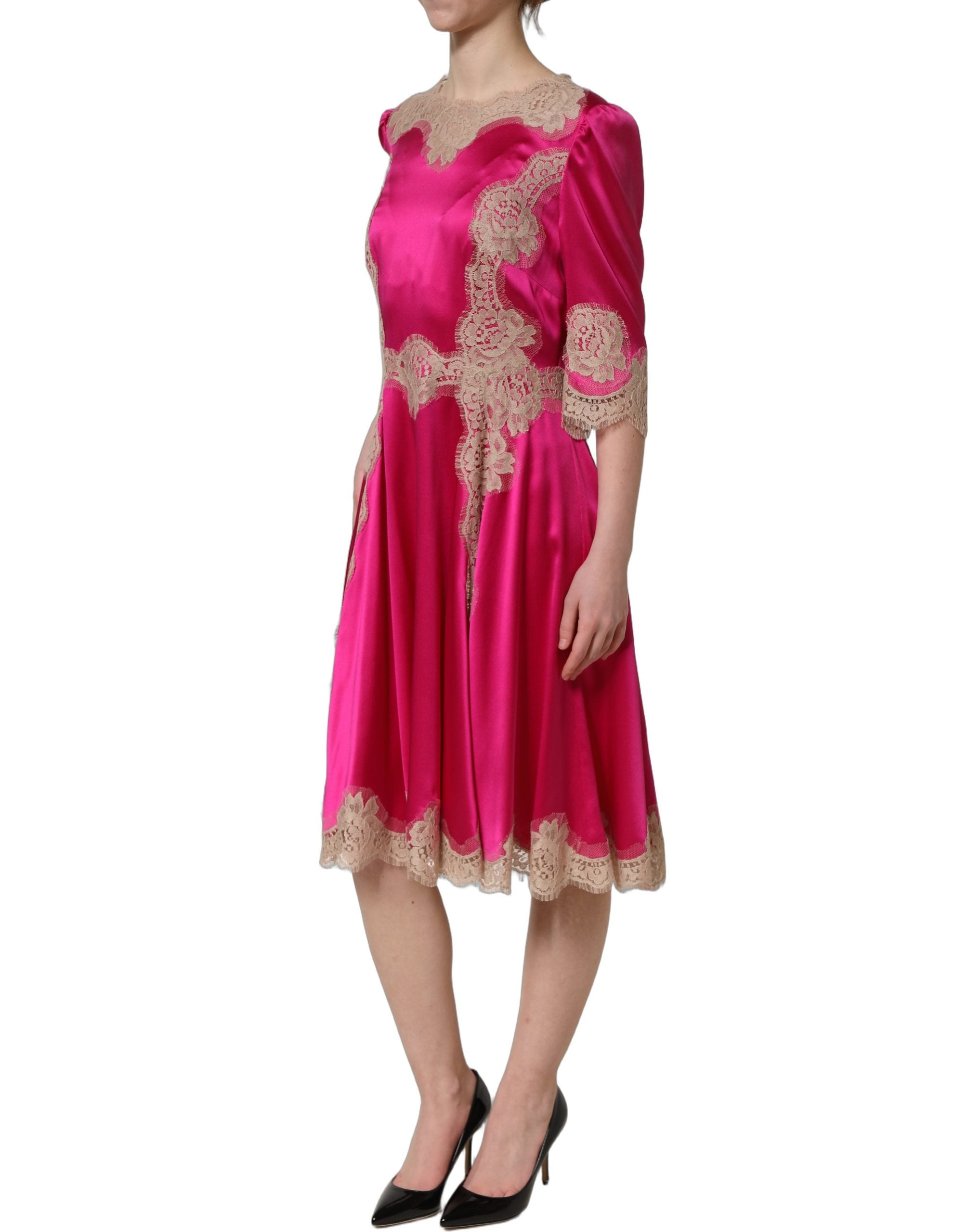 Dolce & Gabbana Fuchsia Pink Spitzen-Detail A-Linien-Midikleid-4